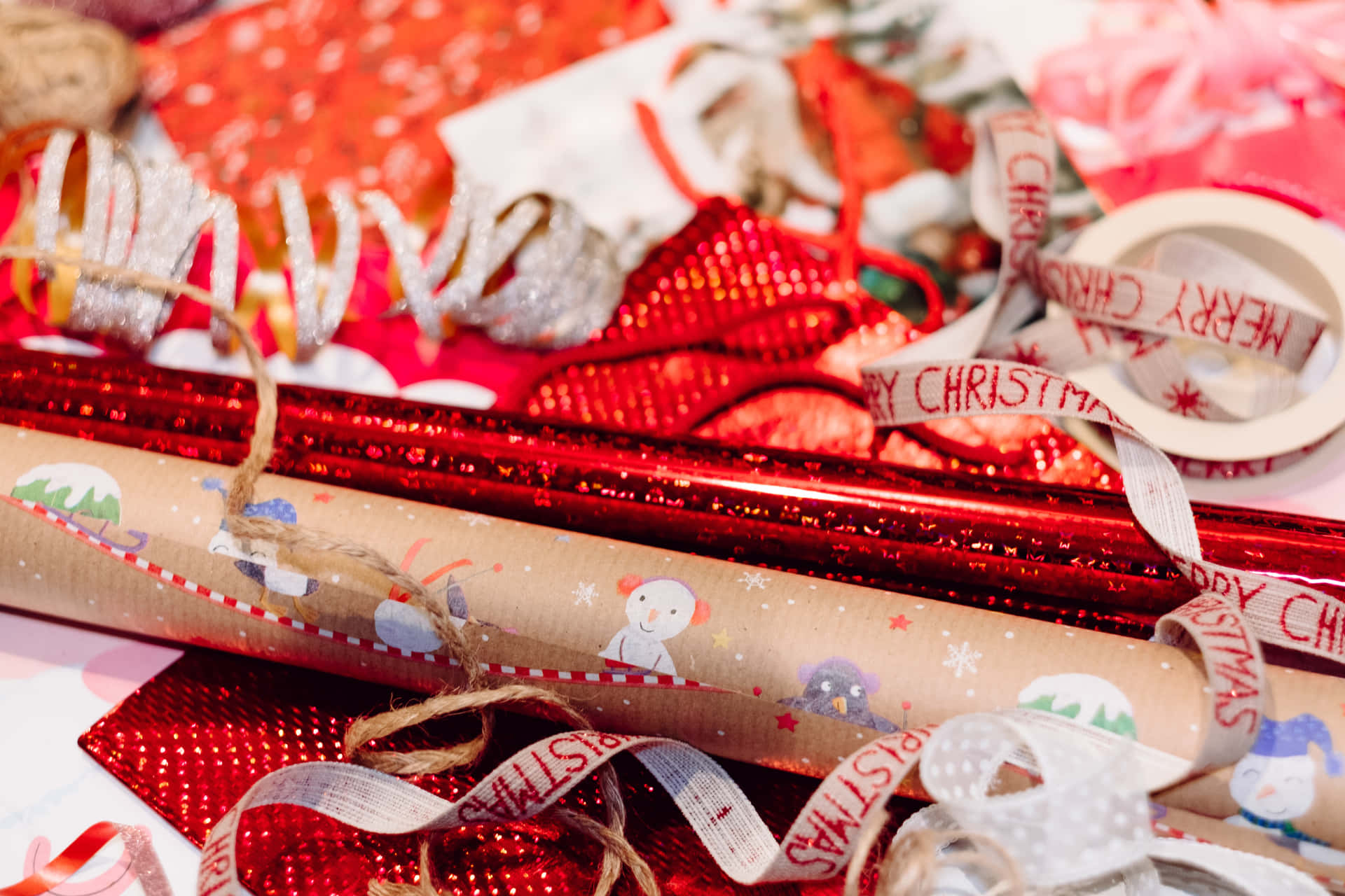 Christmas Scene With Red Festive Gift Wrappers Background