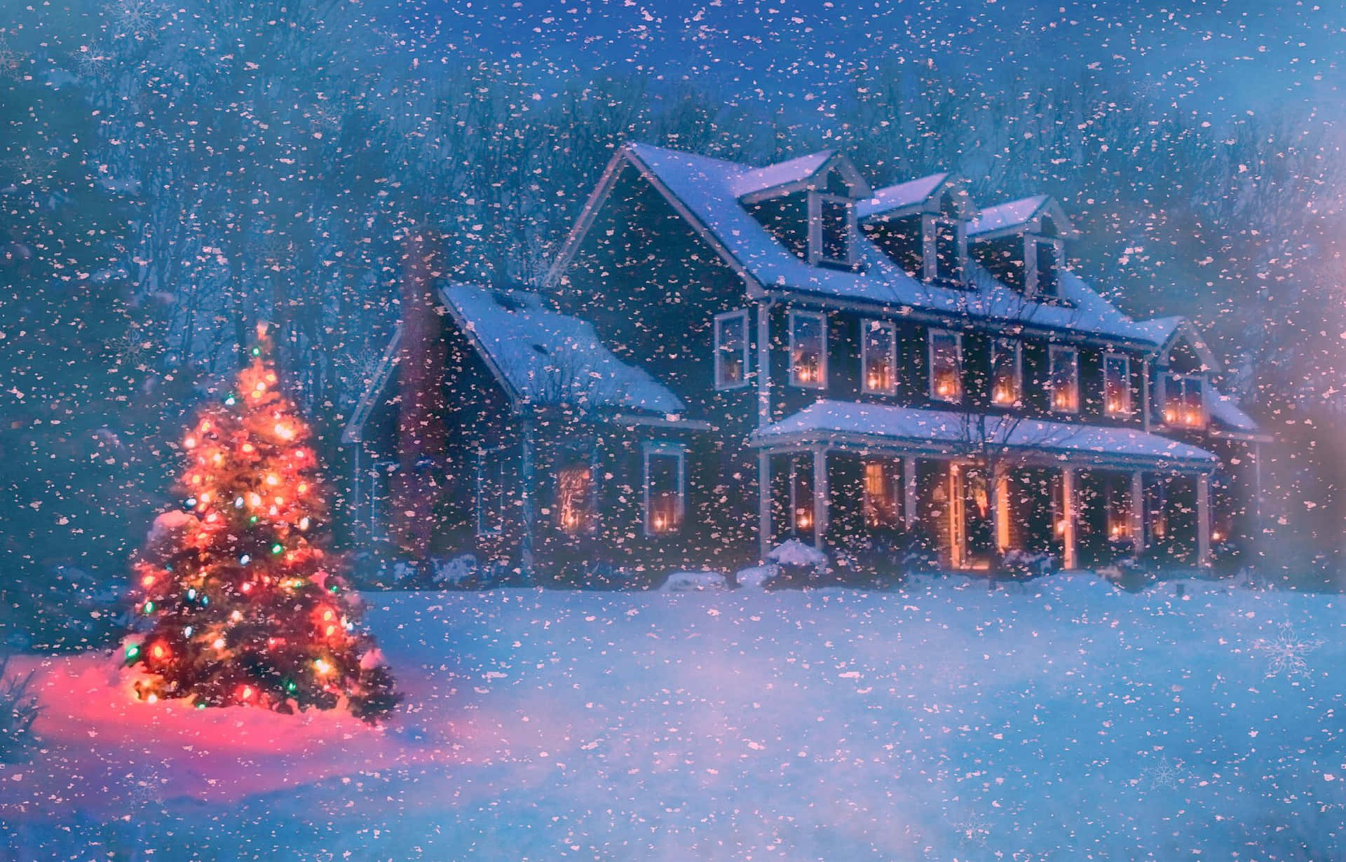 Aproveiteuma Noite De Inverno Aconchegante Ao Ar Livre Com Um Cenário Perfeito De Neve De Natal. Papel de Parede