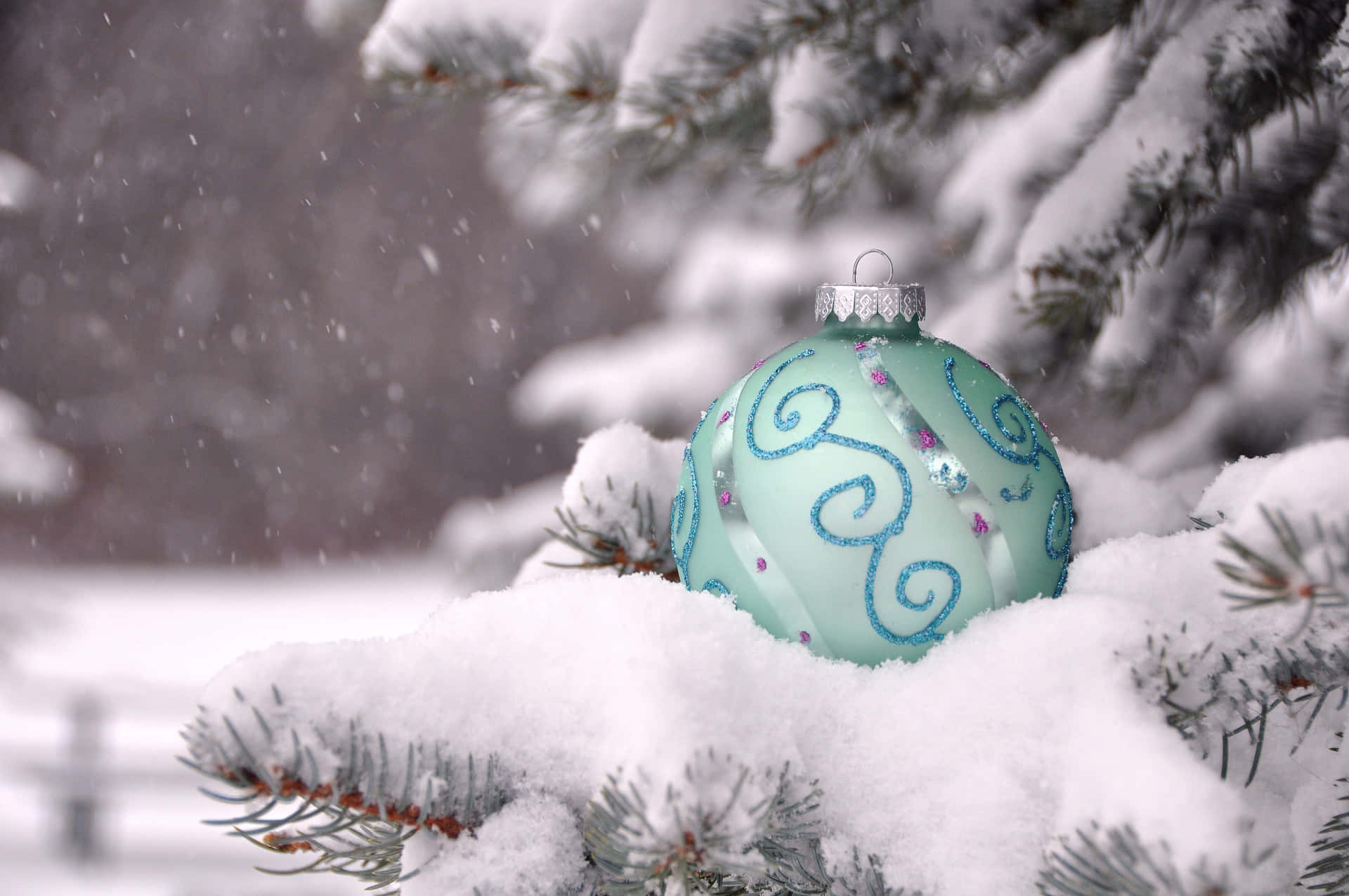 Landscape Green Christmas Balls Snow Background