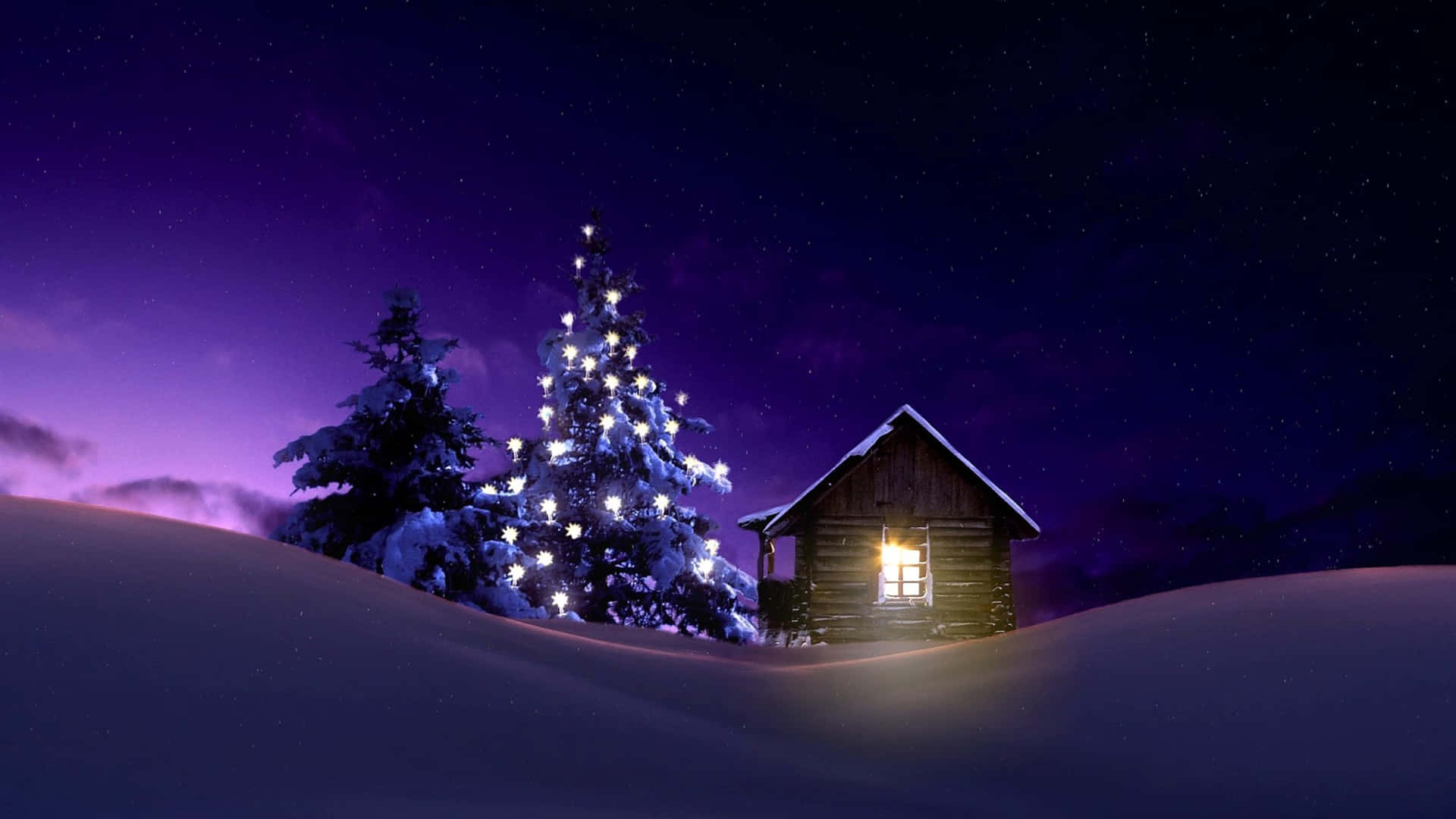 Landscape Christmas Tree And House Snow Background