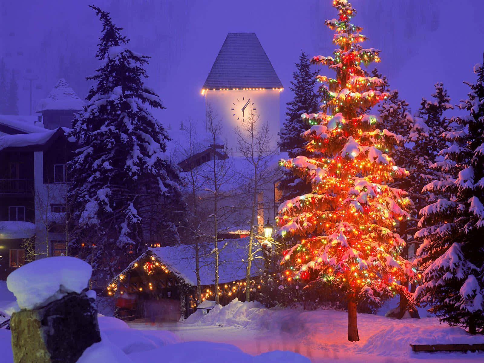 Christmas Village And Christmas Tree Snow Background