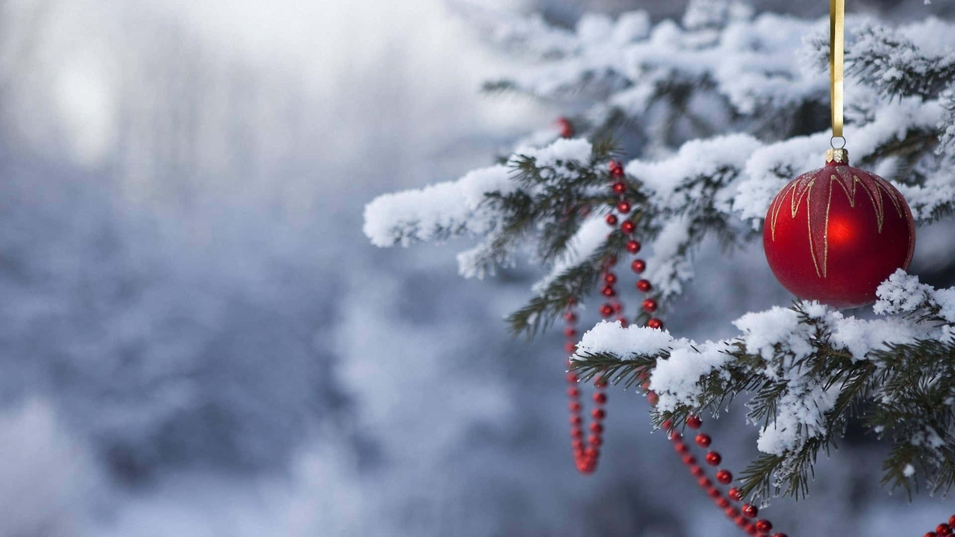 Christmas Red Decorations With Snow Background