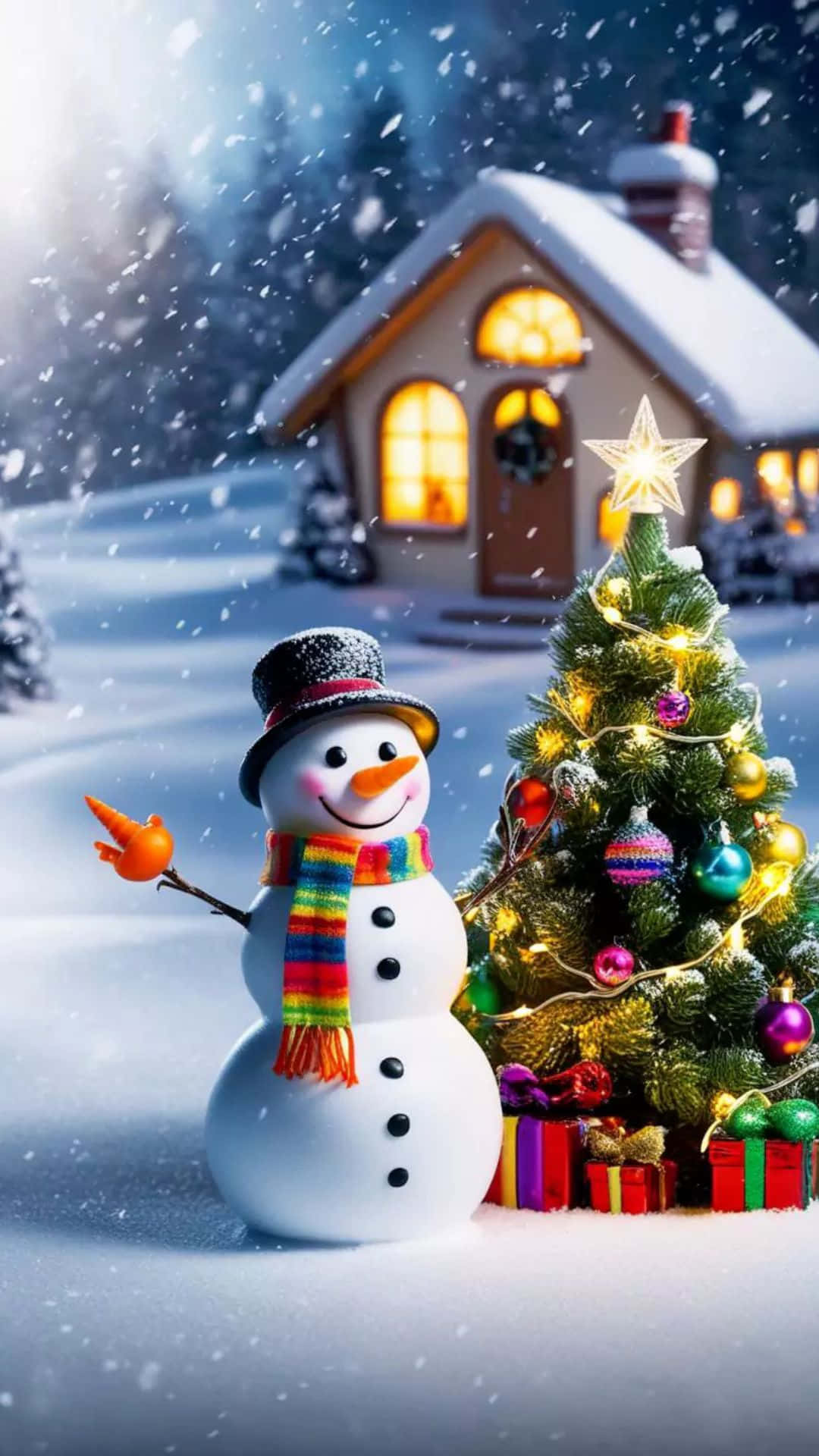 Christmas Snowman And Tree Wallpaper