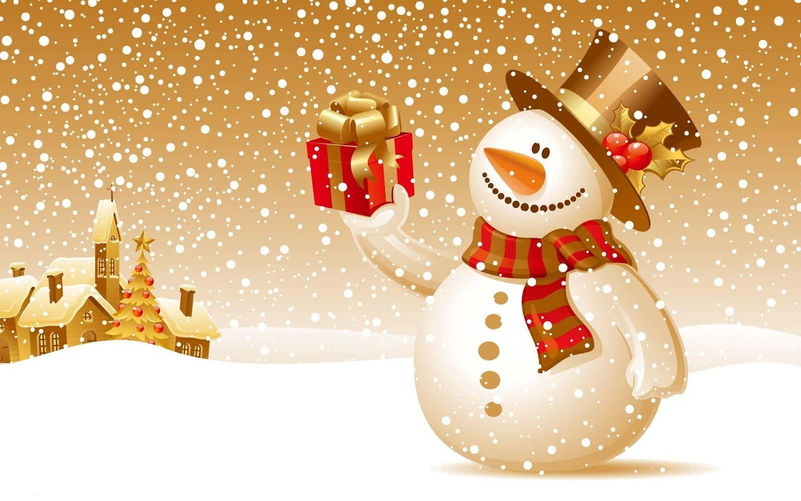 Christmas Snowman Holding Gift Wallpaper