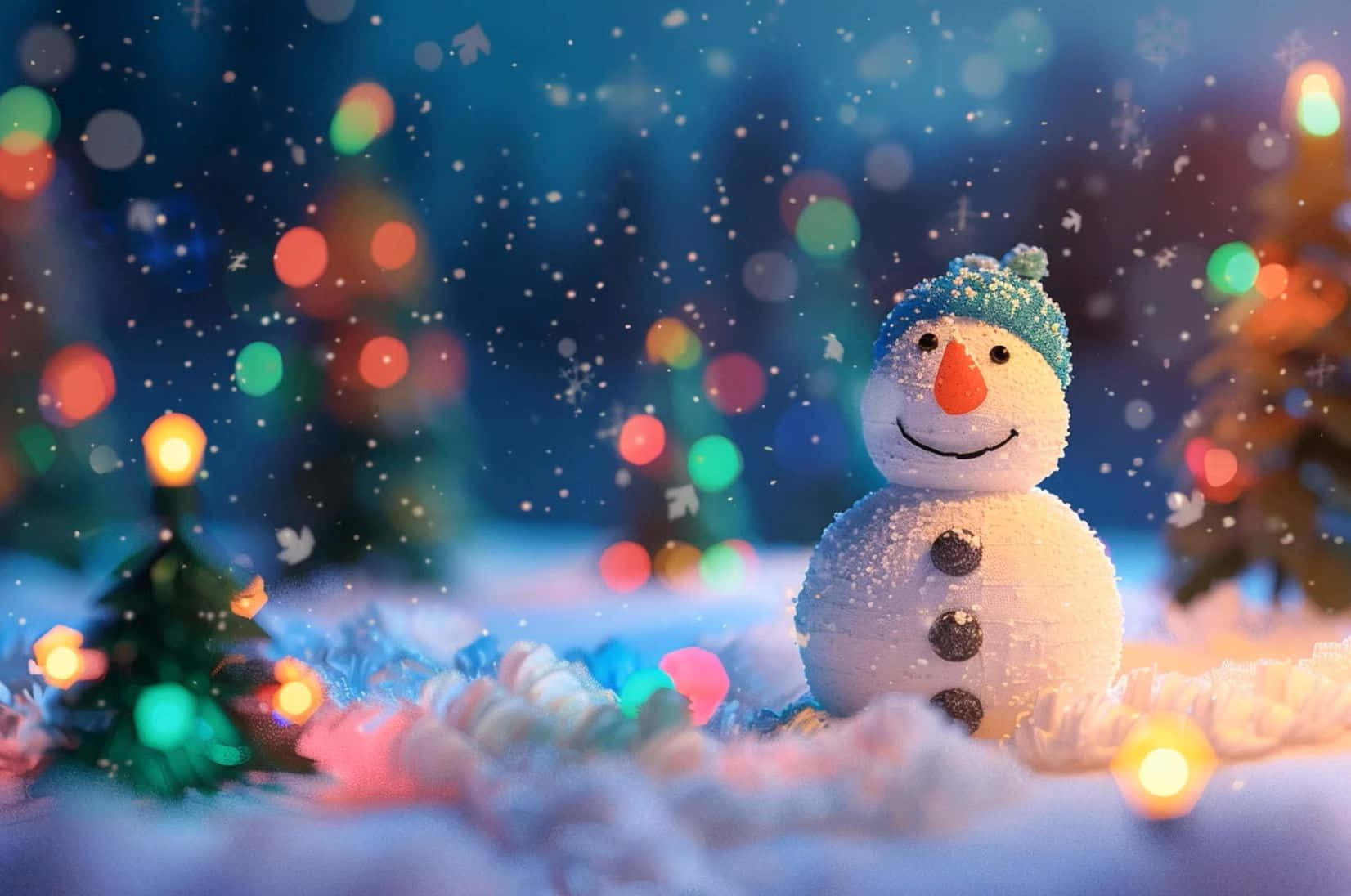 Christmas Snowman In Festive Lights Wallpaper