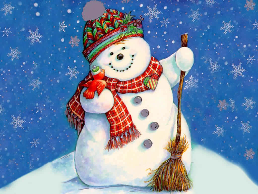 Christmas Snowman Falling Snowflakes Wallpaper