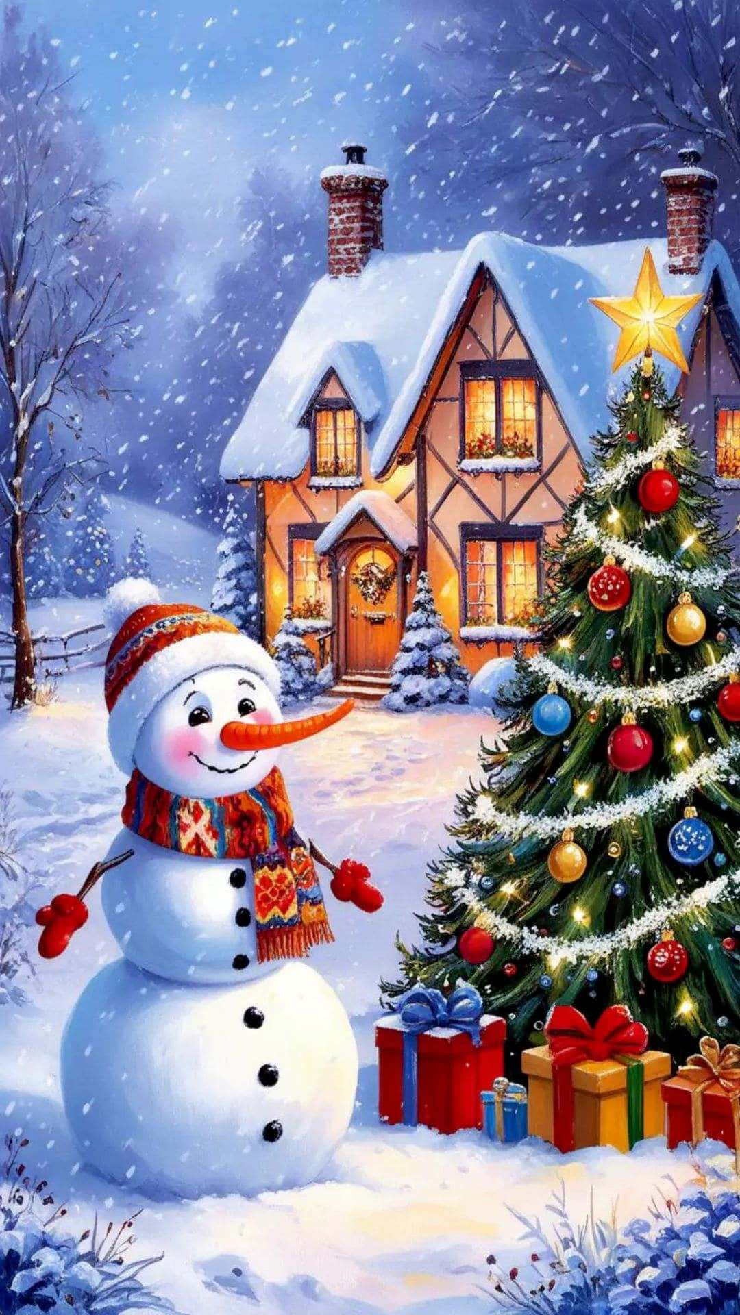 Christmas Snowy Cottage Wallpaper