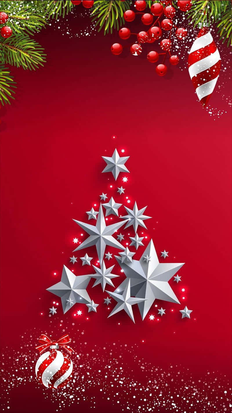 Christmas Tree With Stars On A Red Background Wallpaper