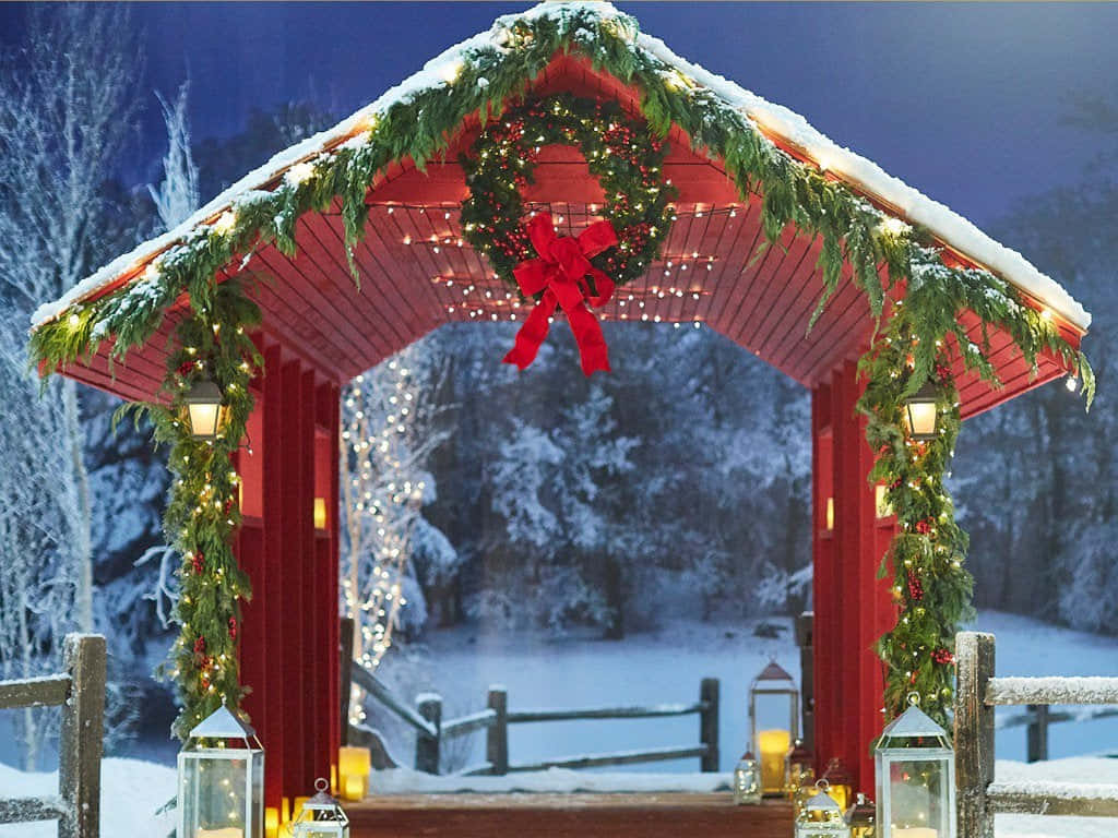 Snow Covered Red Bridge Christmas Teams Background