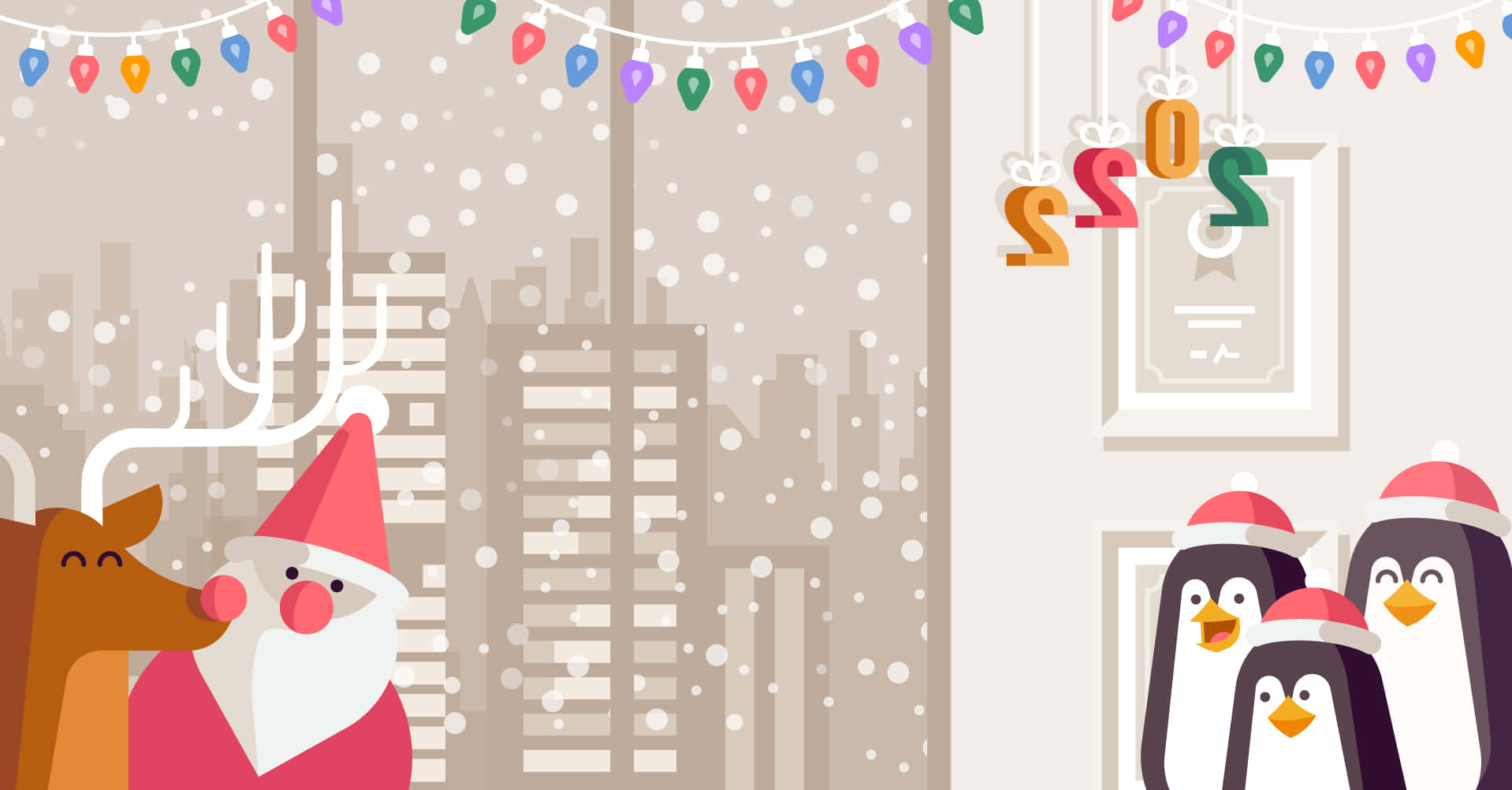 Santa With Festive Penguins Cartoon Christmas Teams Background