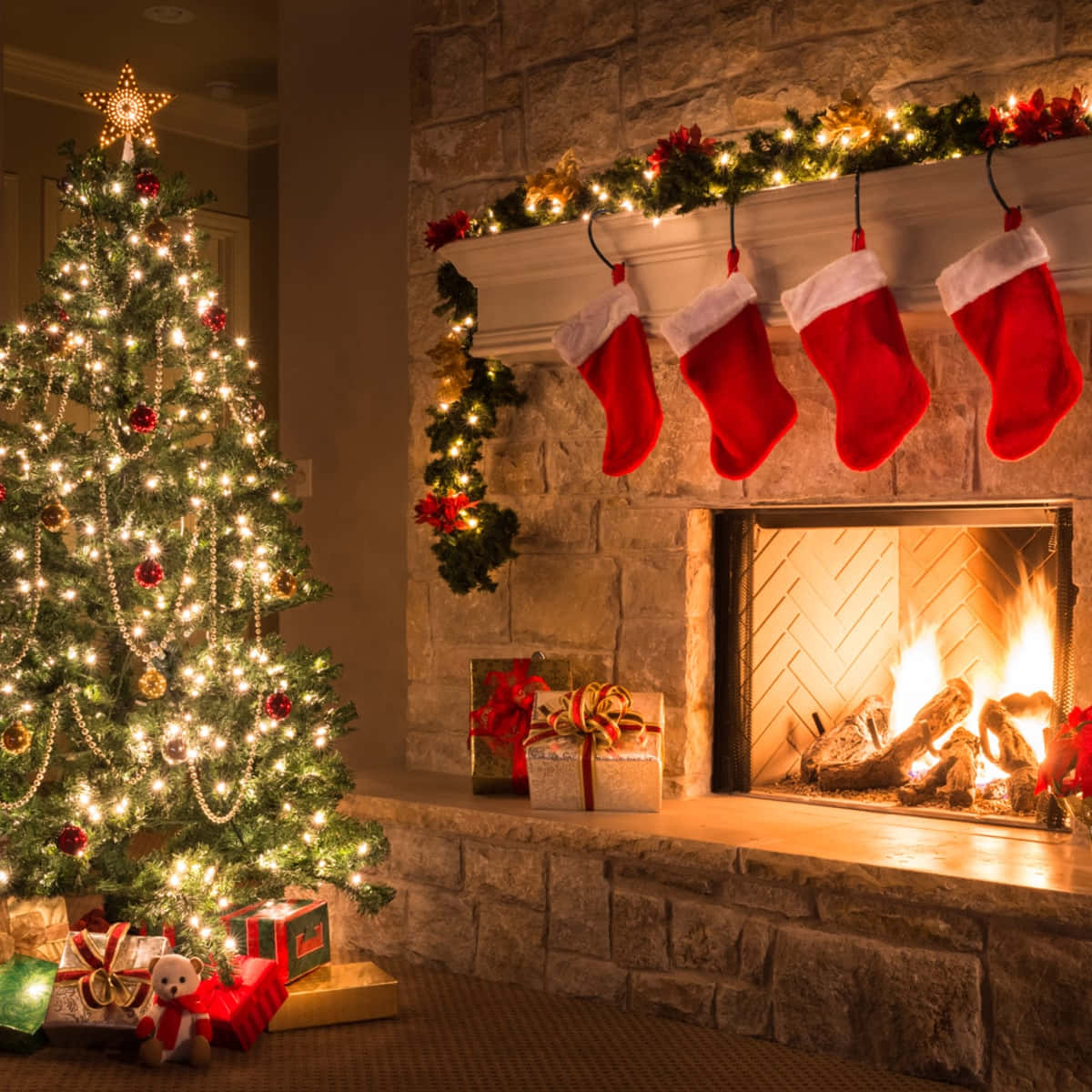 Aesthetic Holiday Decorated Fireplace Christmas Teams Background