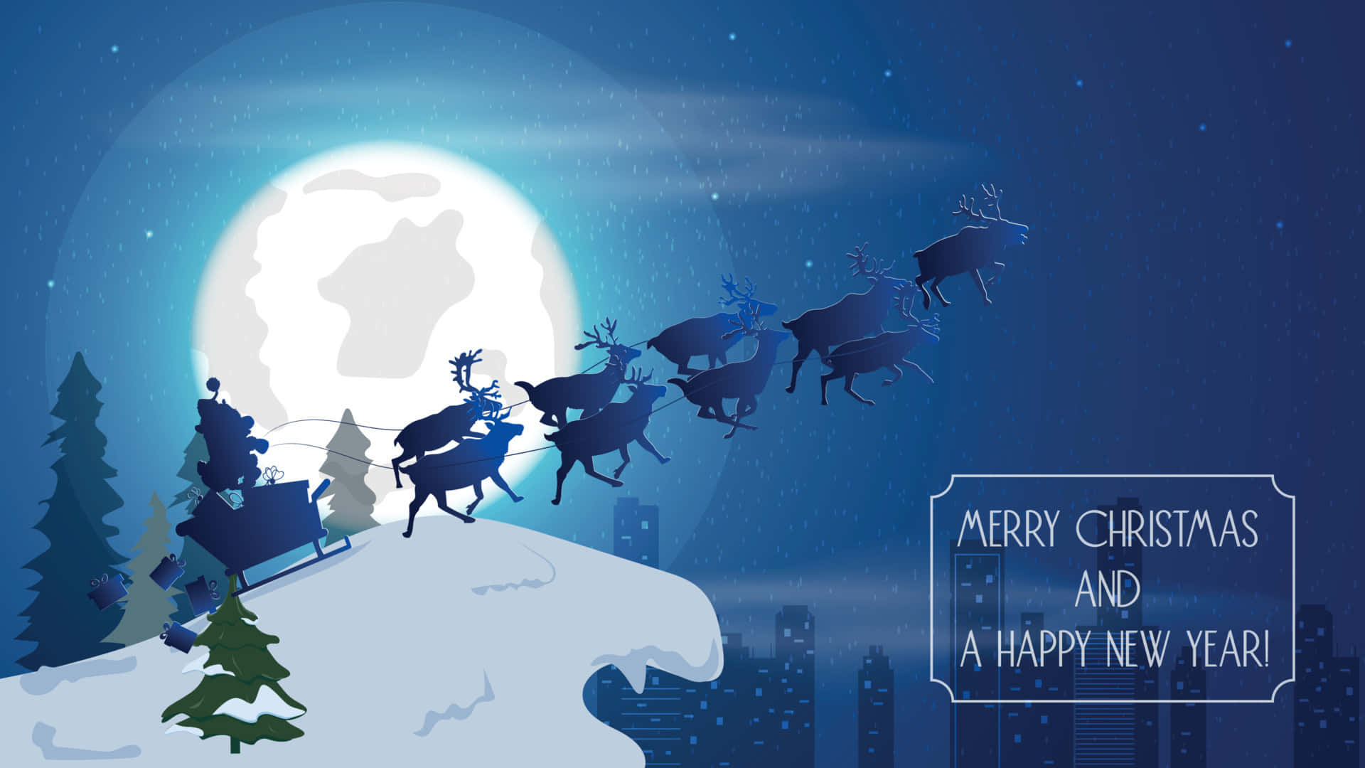 Ilustraciónde Fondo De Pantalla Con Santa Claus Volador Y Renos En La Noche De Navidad.