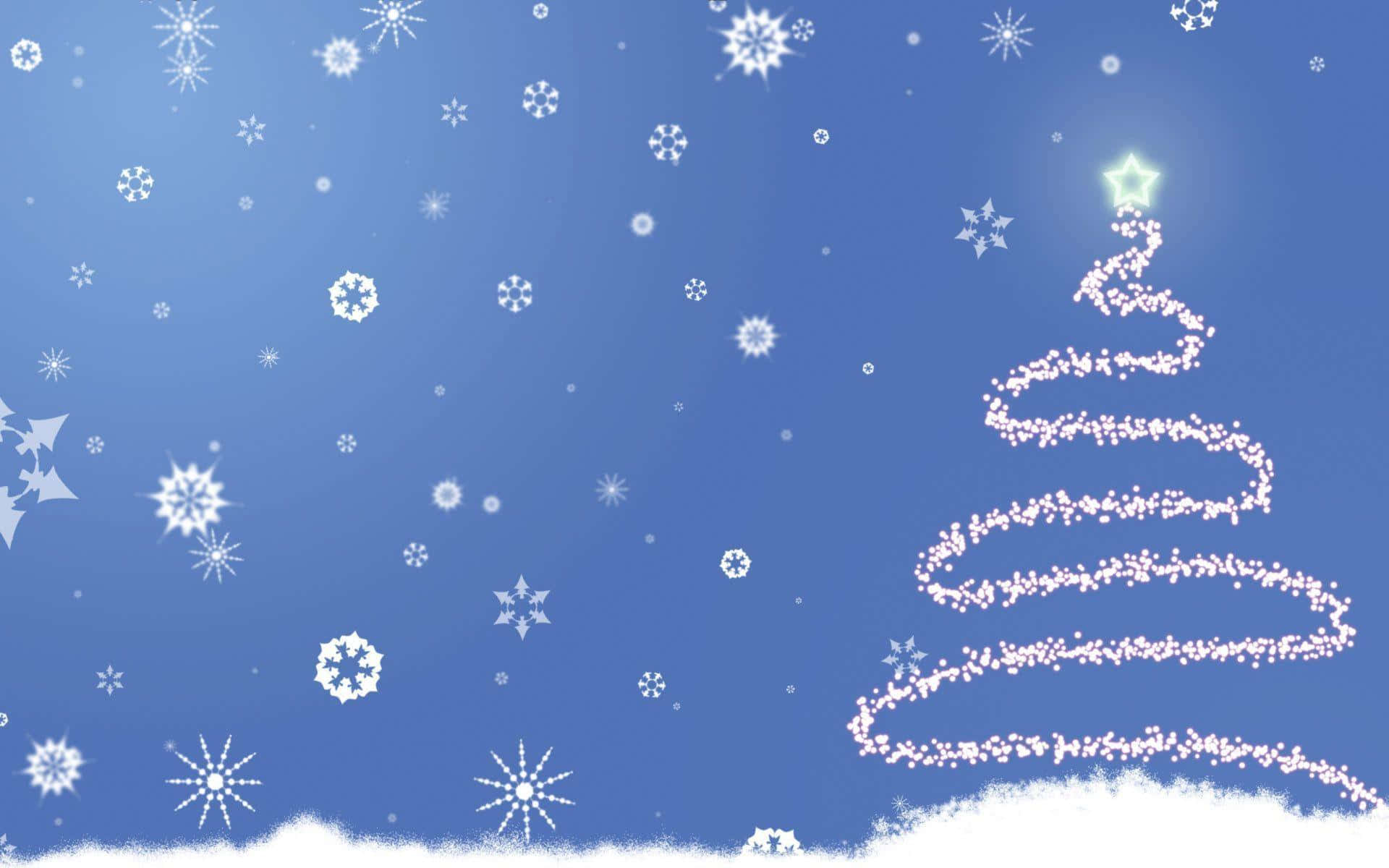 Fondotemático De Navidad Azul Con Copos De Nieve Y Árbol De Navidad.