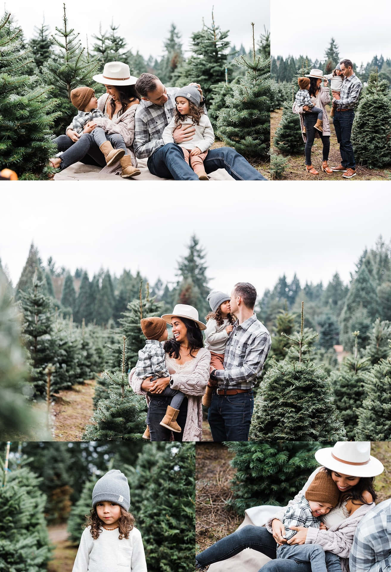 Collagede La Familia En El Árbol De Navidad En La Granja
