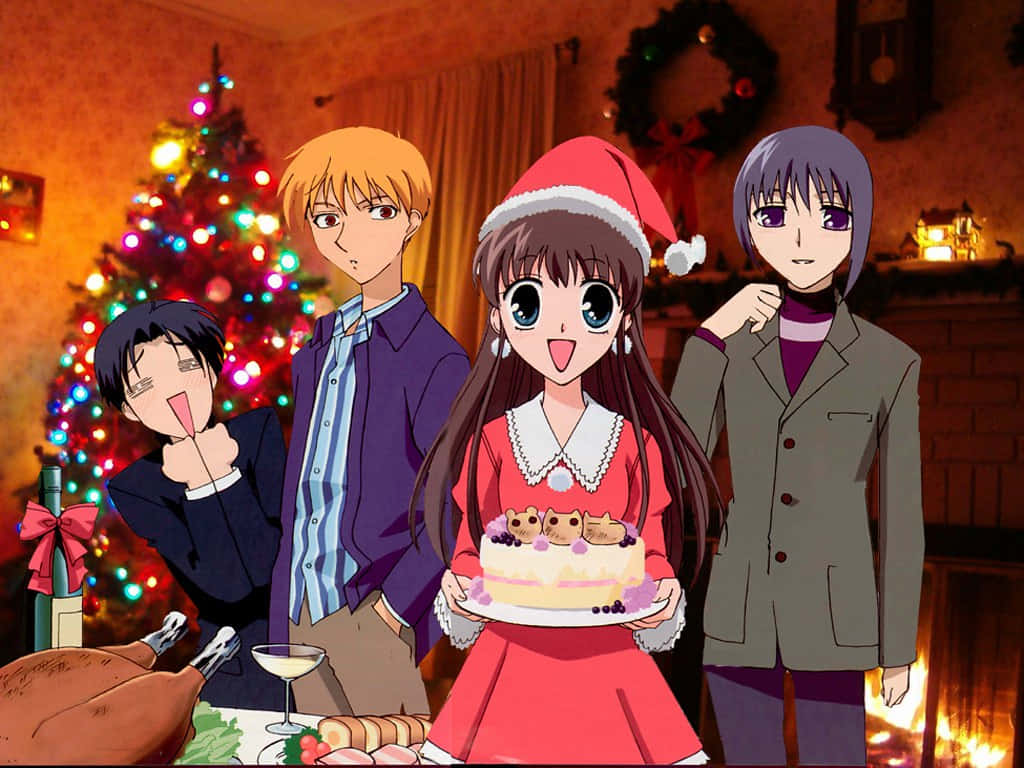Árbolde Navidad Con Una Cesta De Frutas Anime. Fondo de pantalla