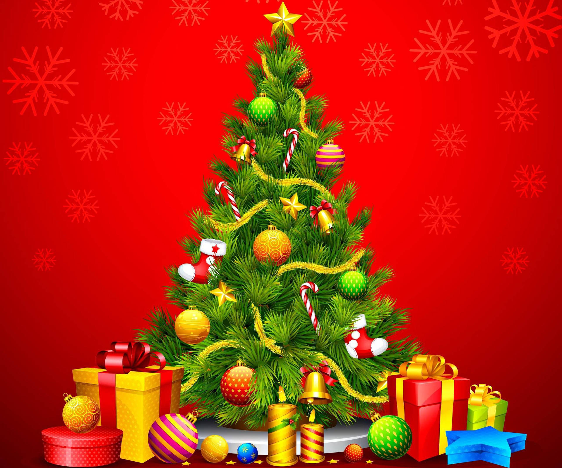 Elegant Christmas Tree with Decorative Red Background Wallpaper