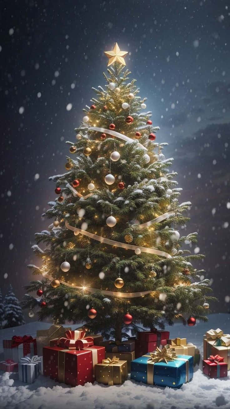 Christmas Tree With Giftsand Snowfall.jpg Wallpaper