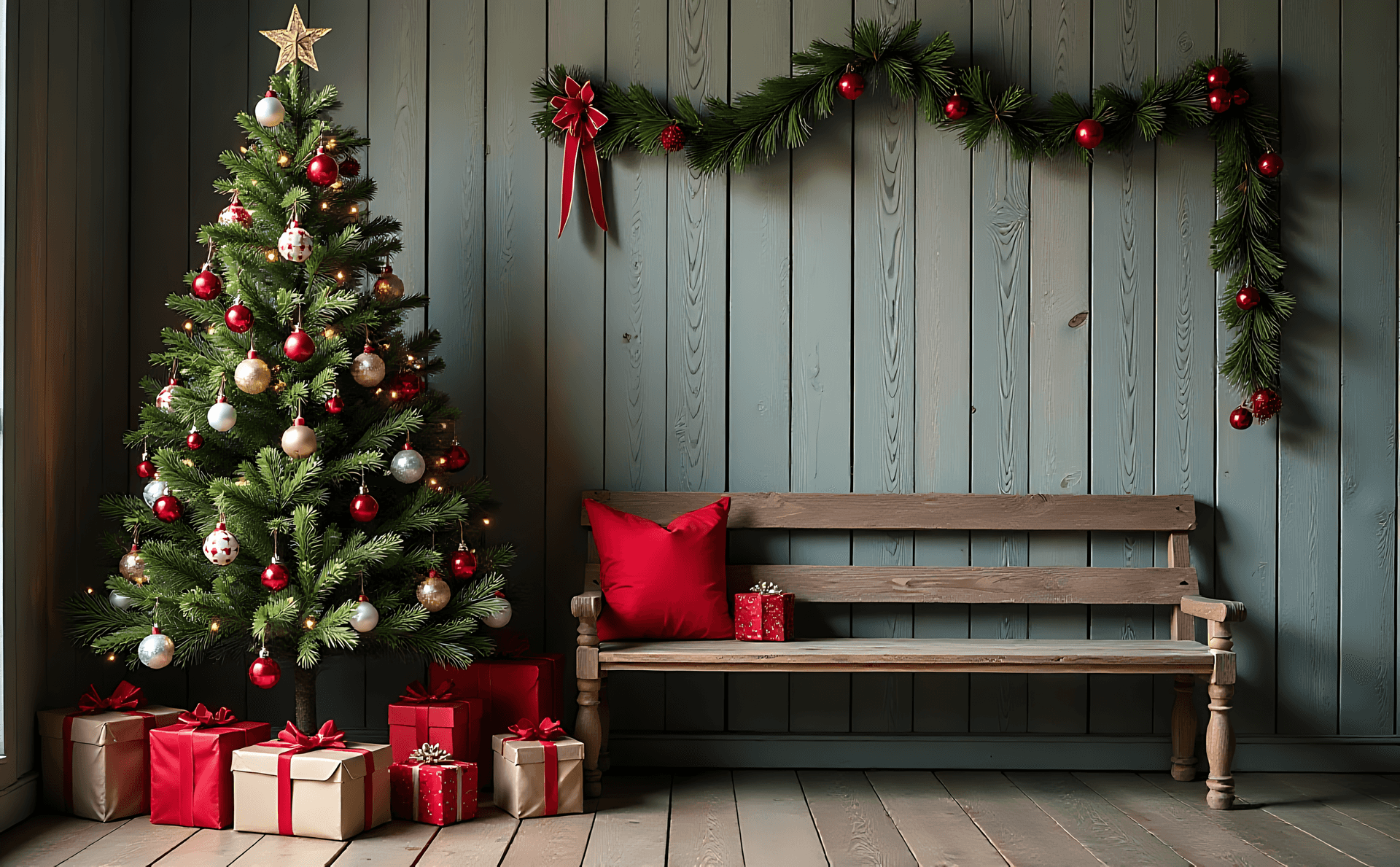 Christmas Tree With Presents And Wood Wall Wallpaper