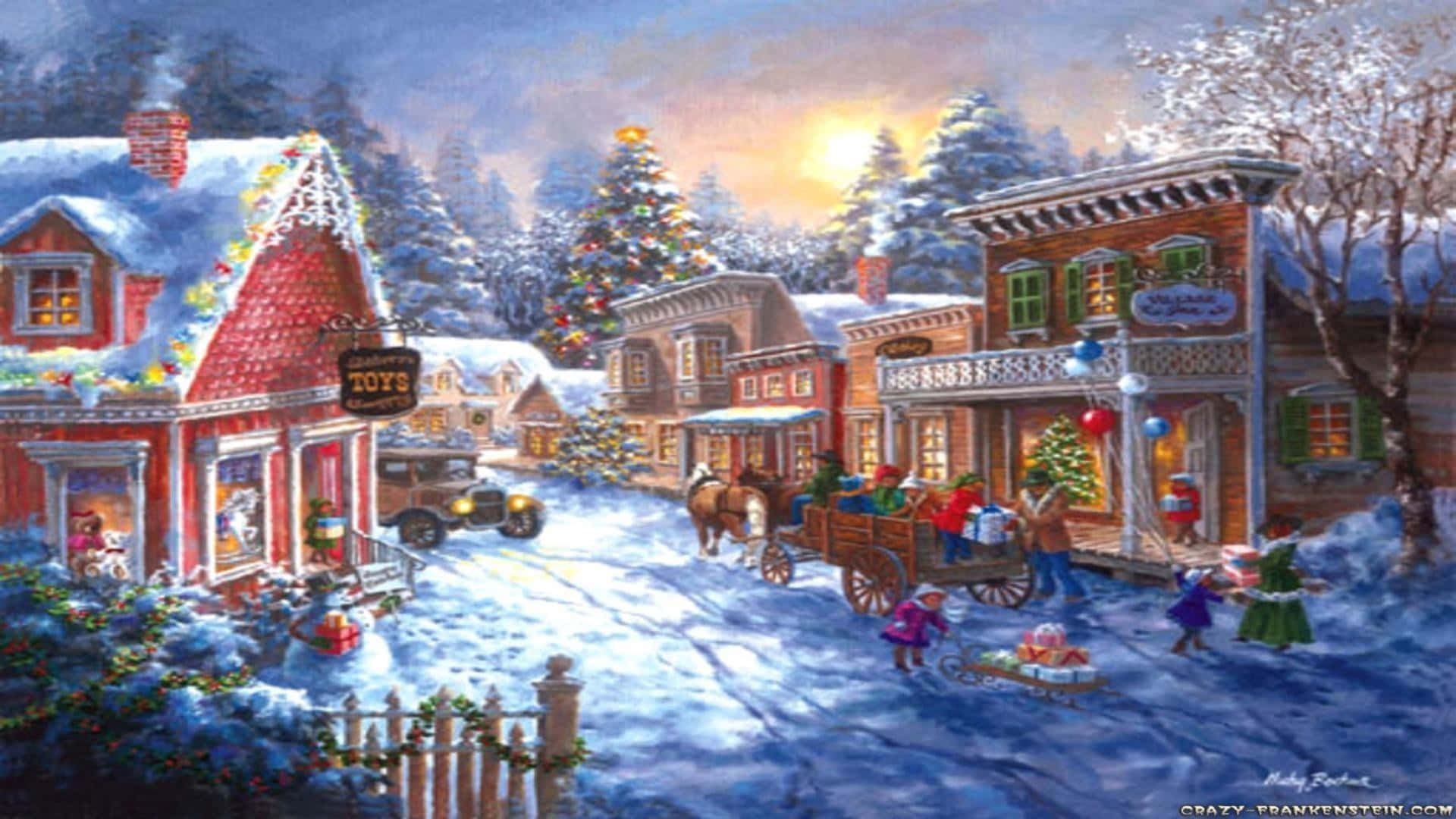 a painting of a christmas village with people and carriages Wallpaper