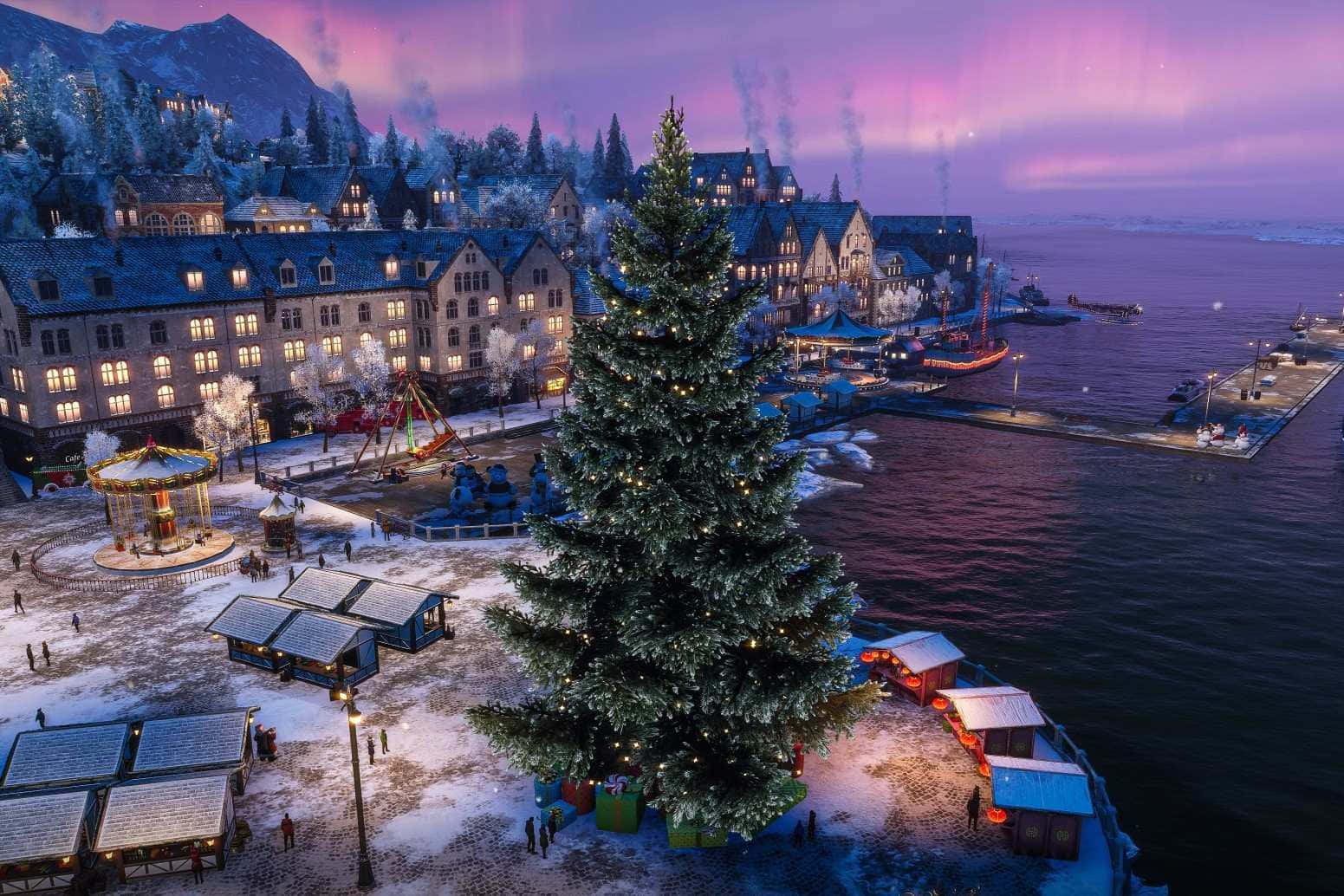 Christmas Village By The Lake Wallpaper