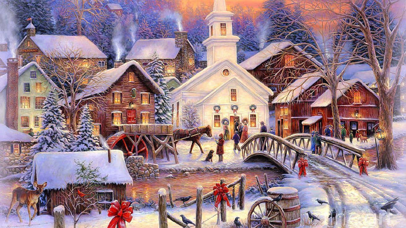 Fejr den glæde af jul i denne smukke landsby scene. Wallpaper
