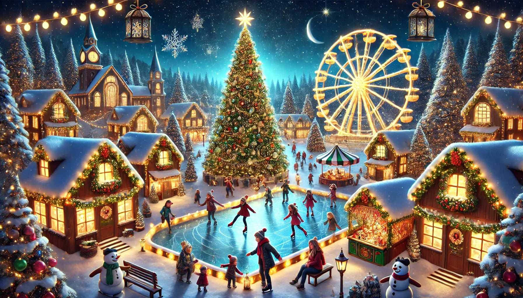 Christmas Village Ice Skating Wallpaper