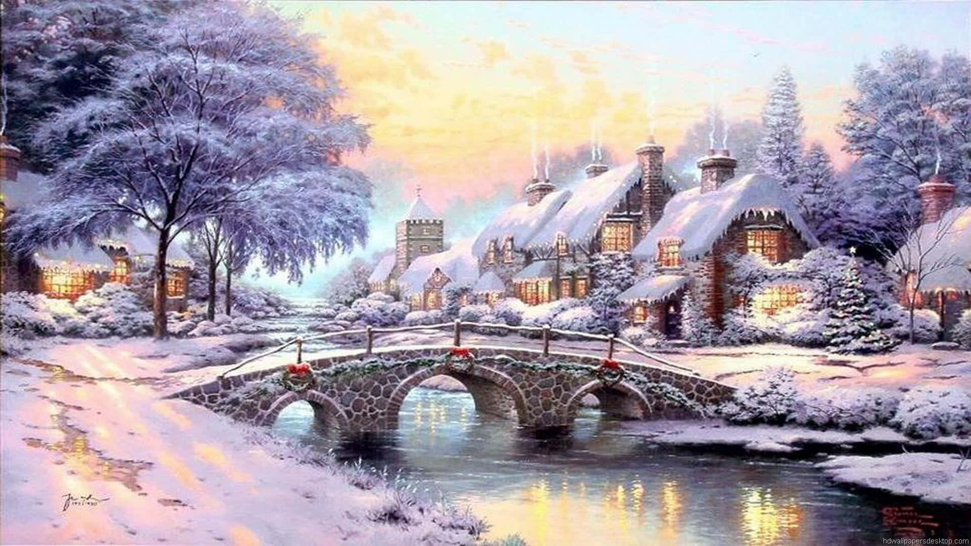 Et maleri af et snefyldt landsby med en bro, der strækker sig over en flod Wallpaper