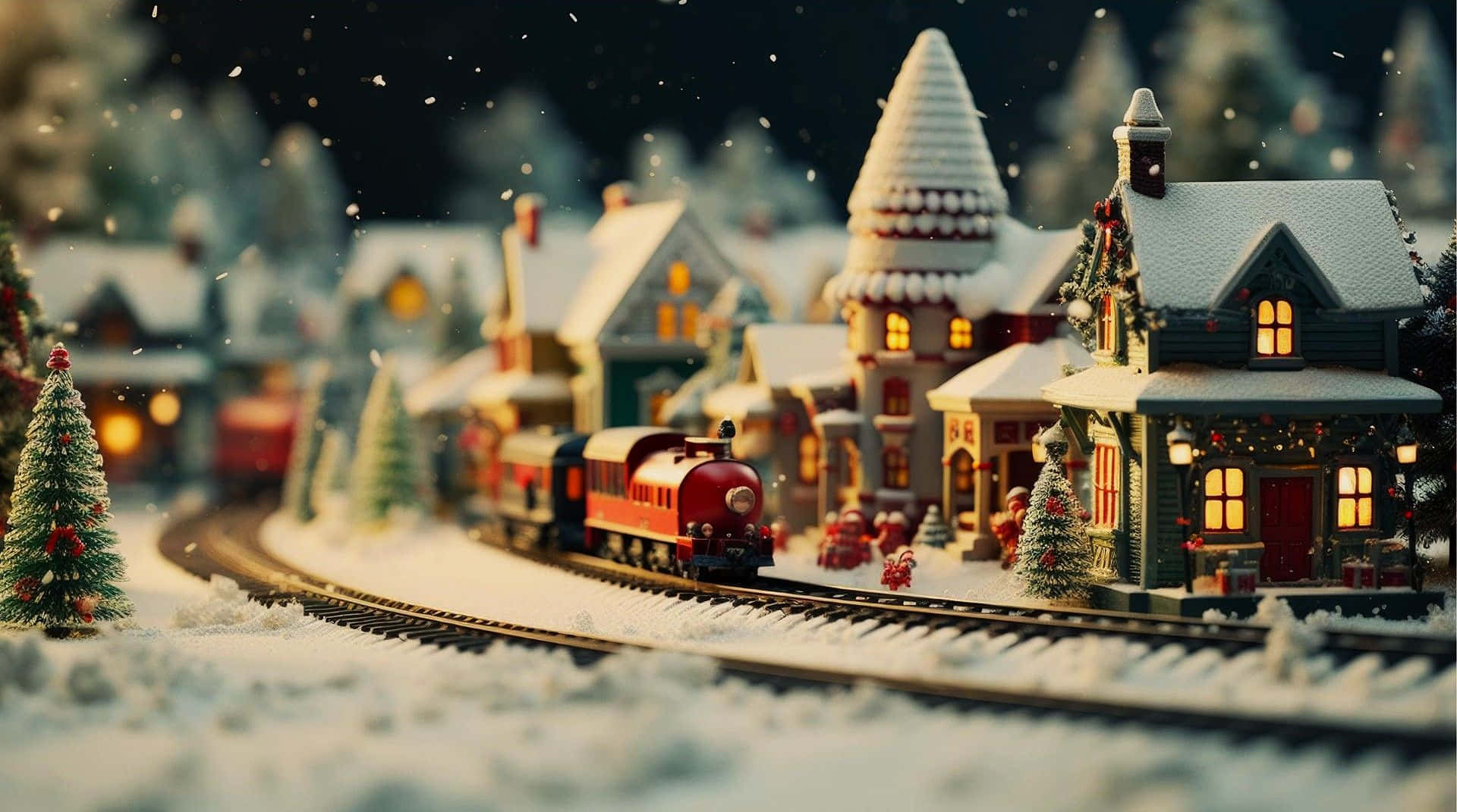 Christmas Village Train Scene Wallpaper