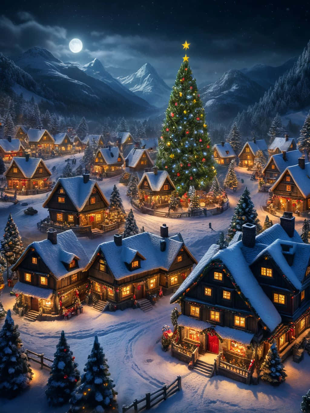 Christmas Village Under Moonlight Wallpaper