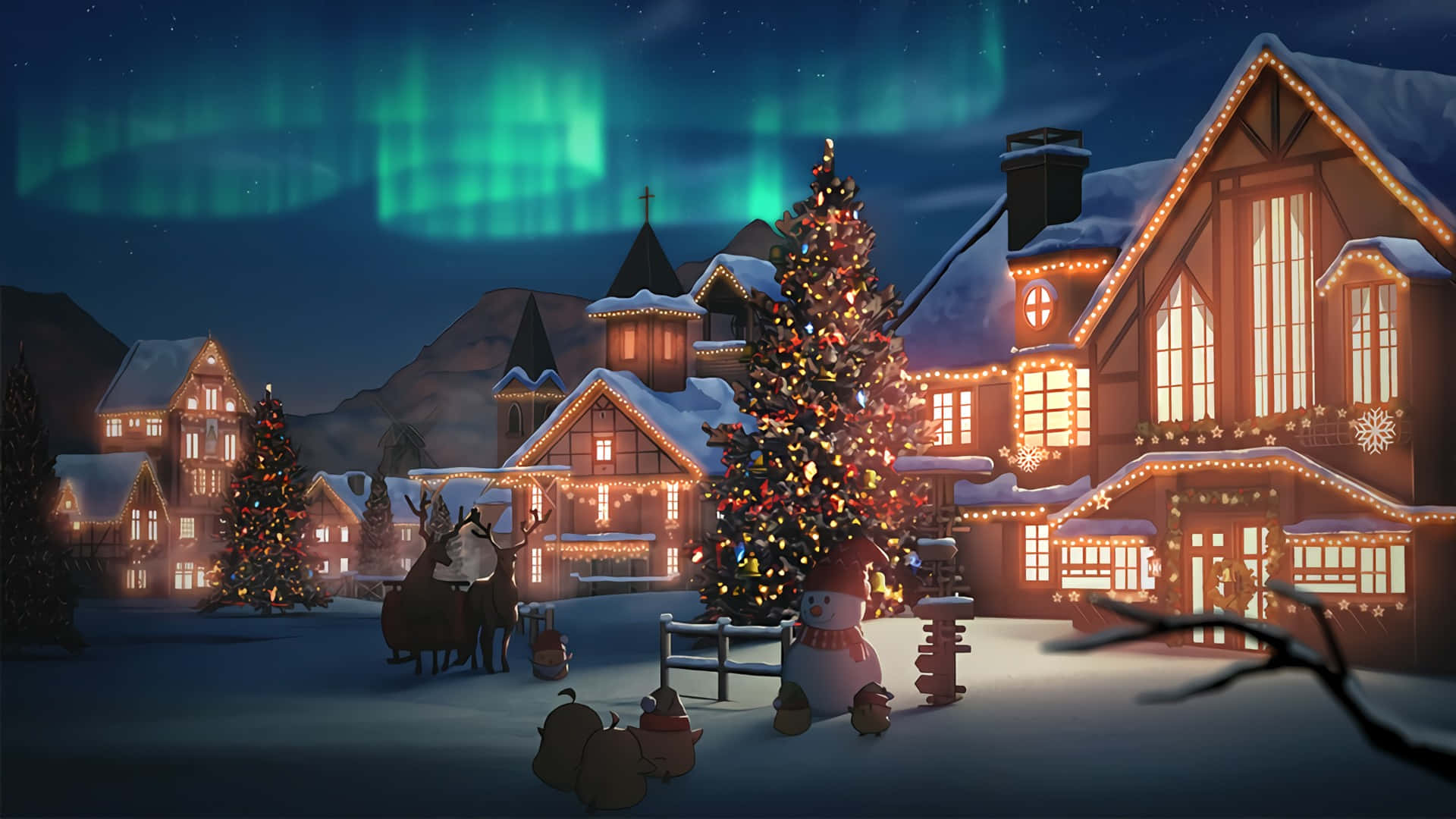 A Christmas Village With A Christmas Tree And Lights Wallpaper