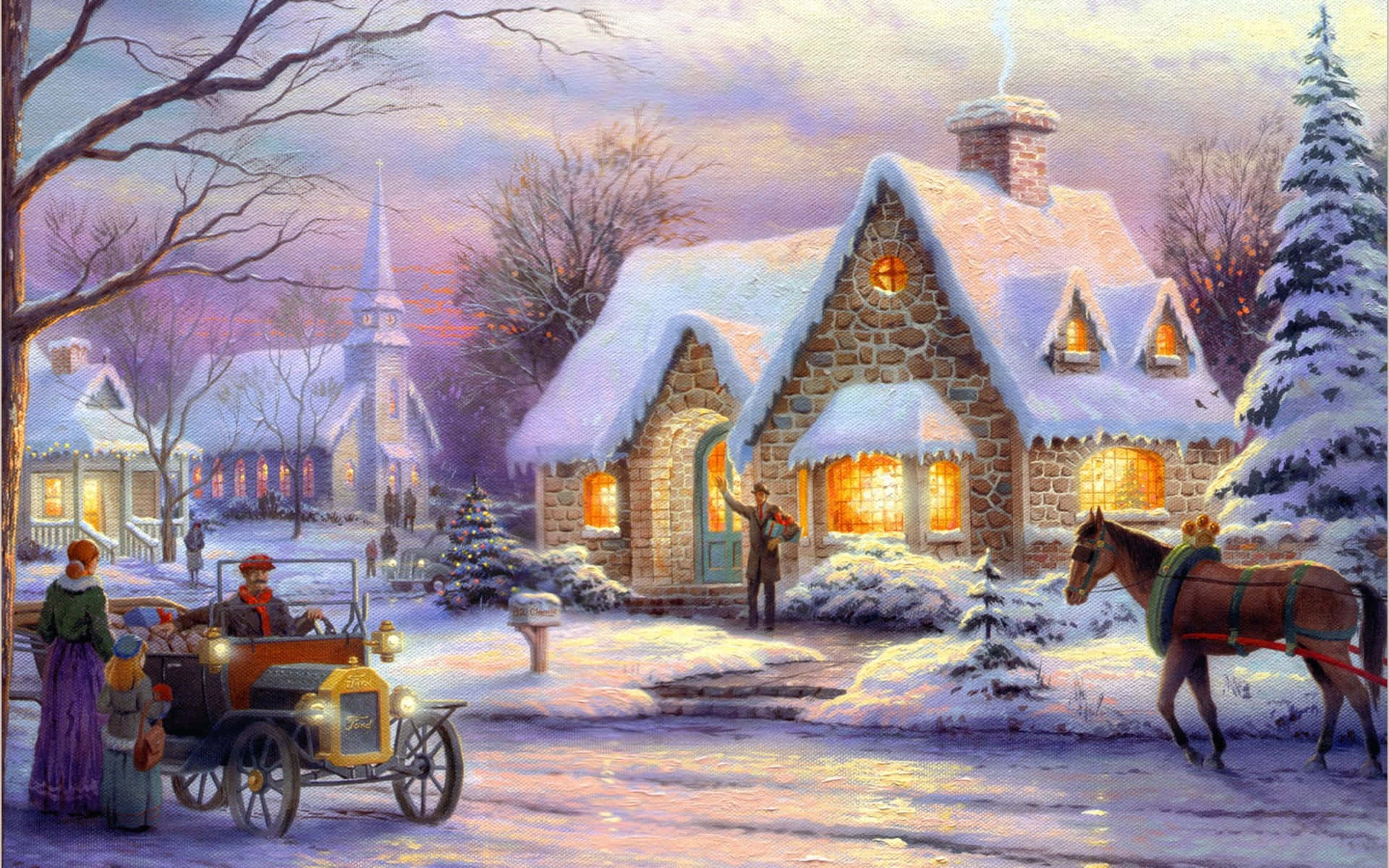 Enjoy the spirited holiday ambiance of a traditional Christmas village Wallpaper