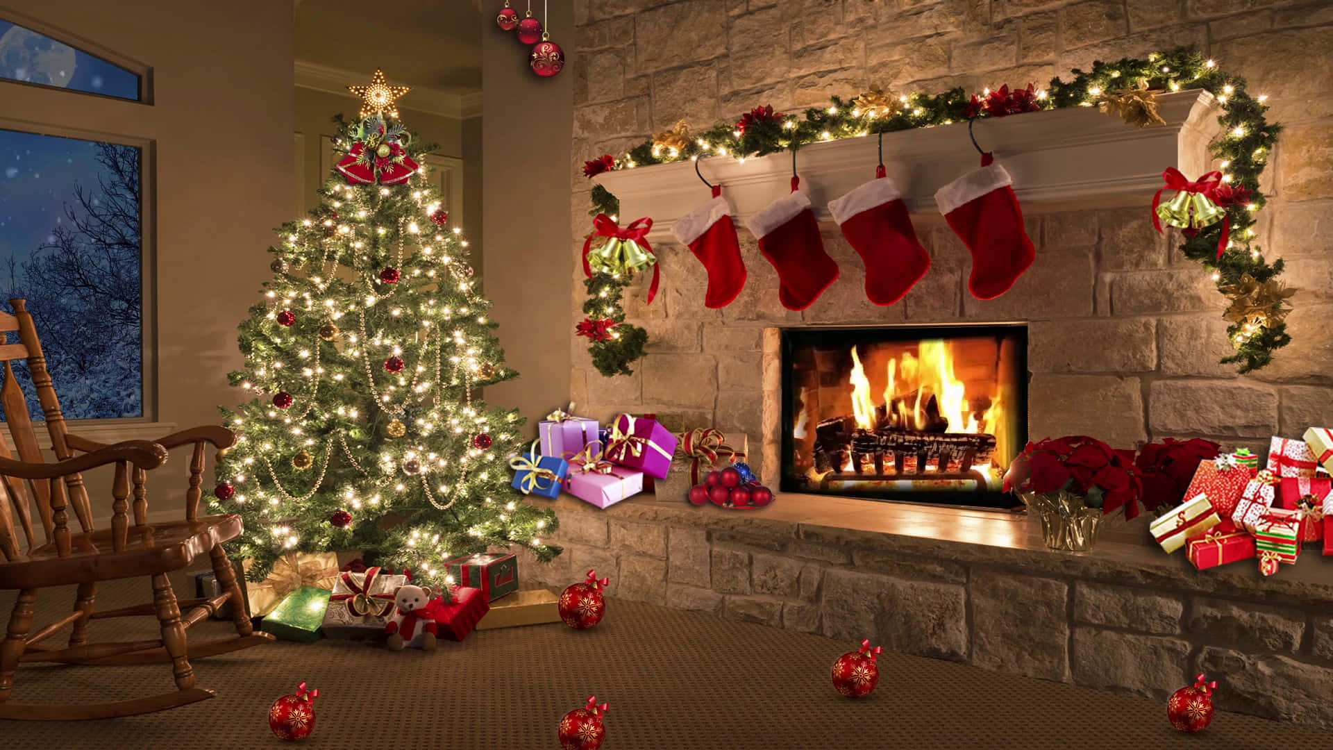 christmas tree with presents and stockings in front of a fireplace