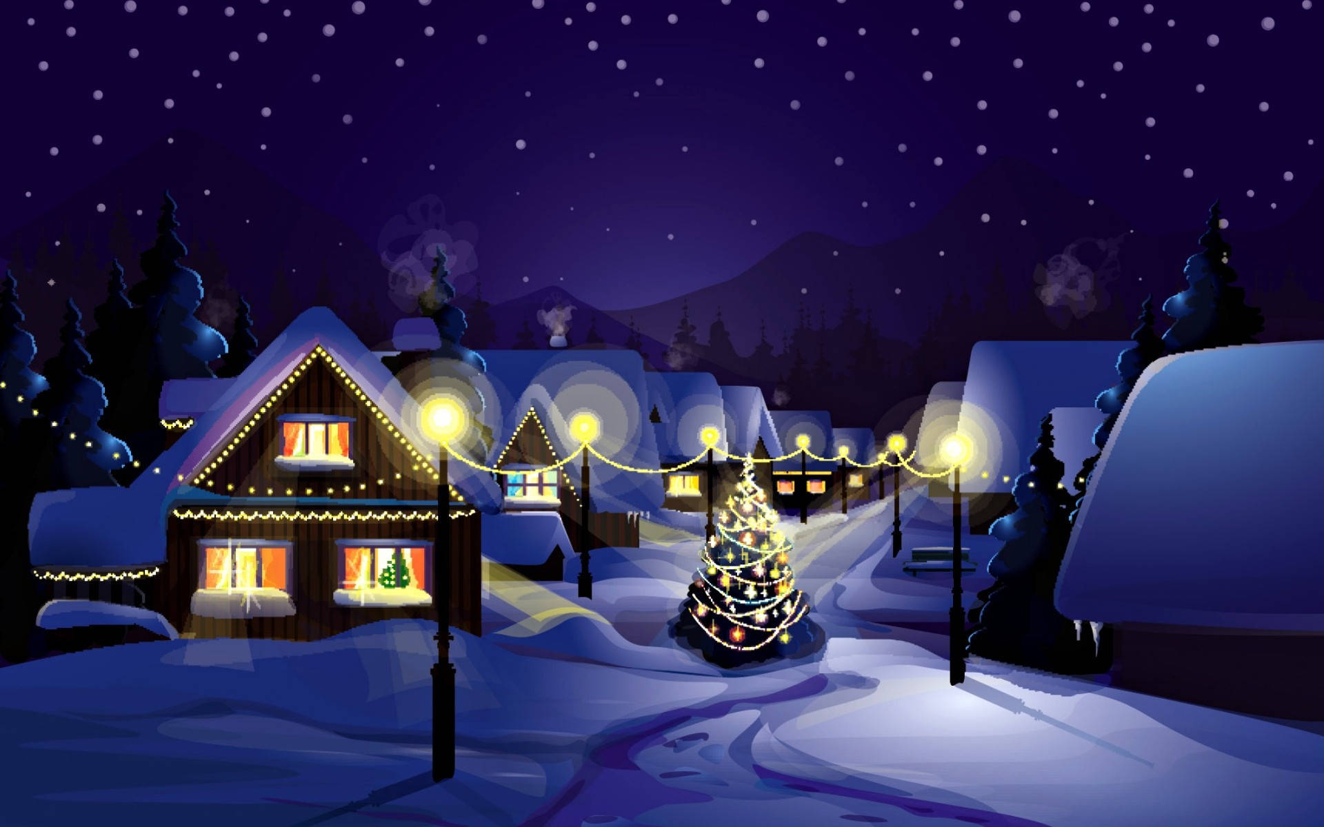 Christmas Widescreen Snow Village Art Wallpaper
