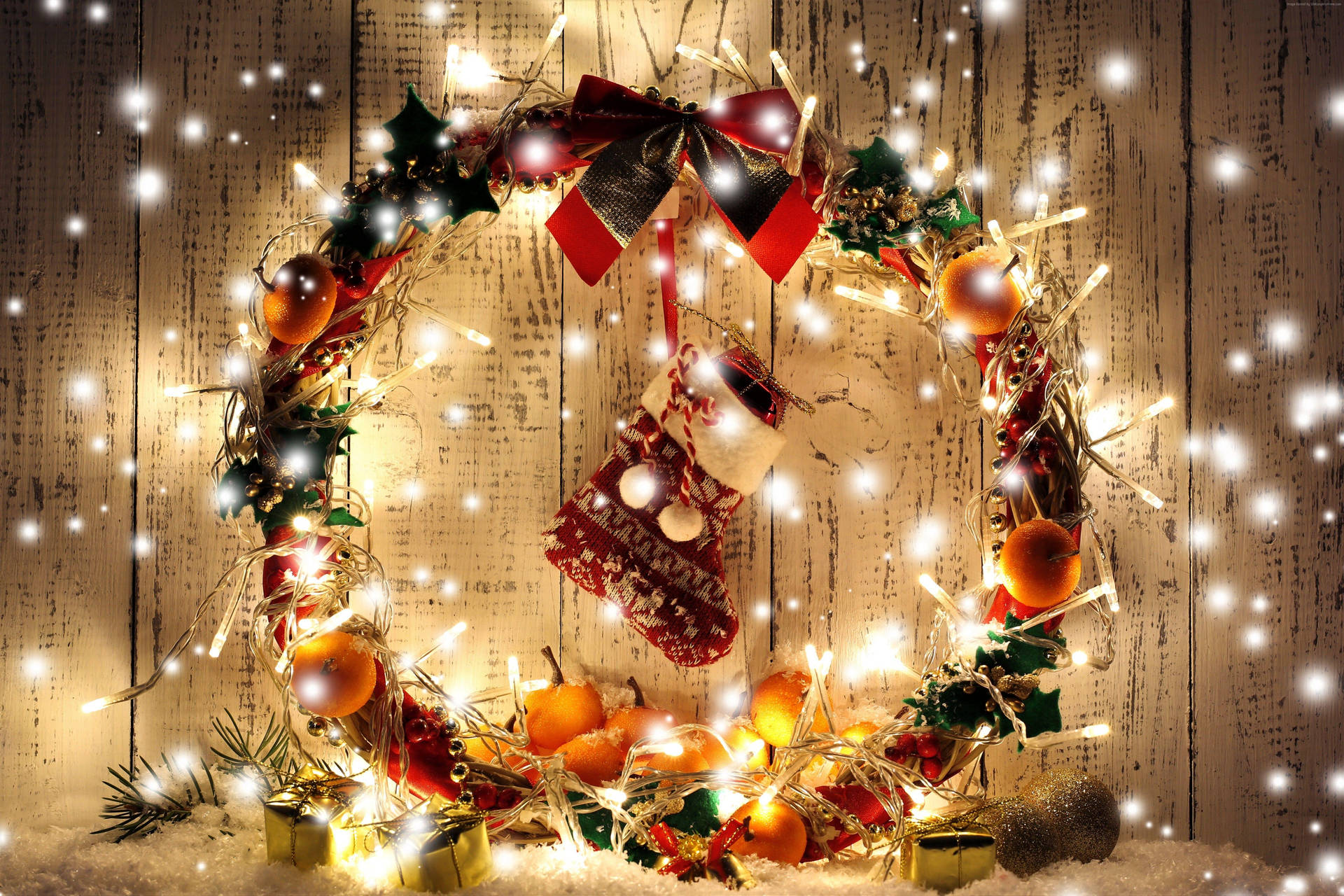 Christmas Wreath And Santa Sock Wallpaper