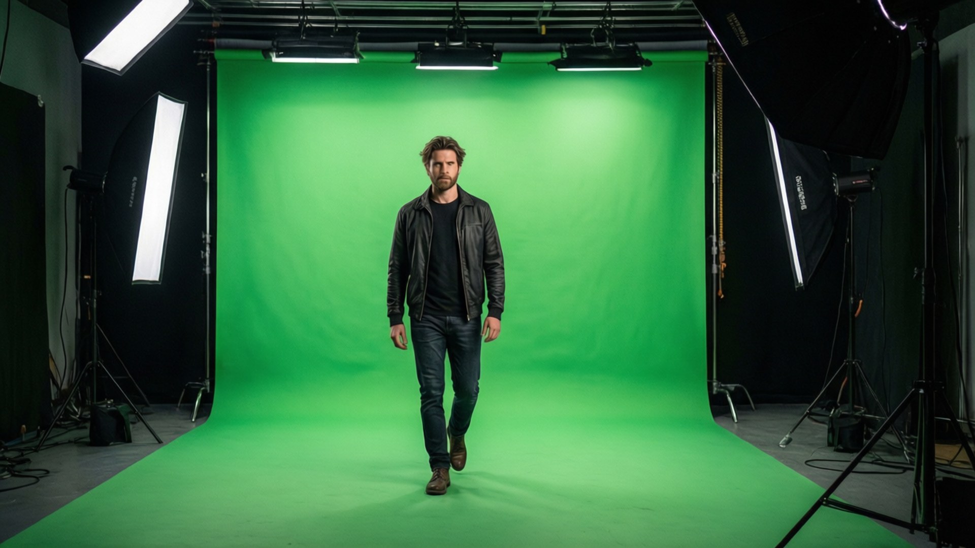 A studio with green screen and a transparent PNG overlay of a person walking.