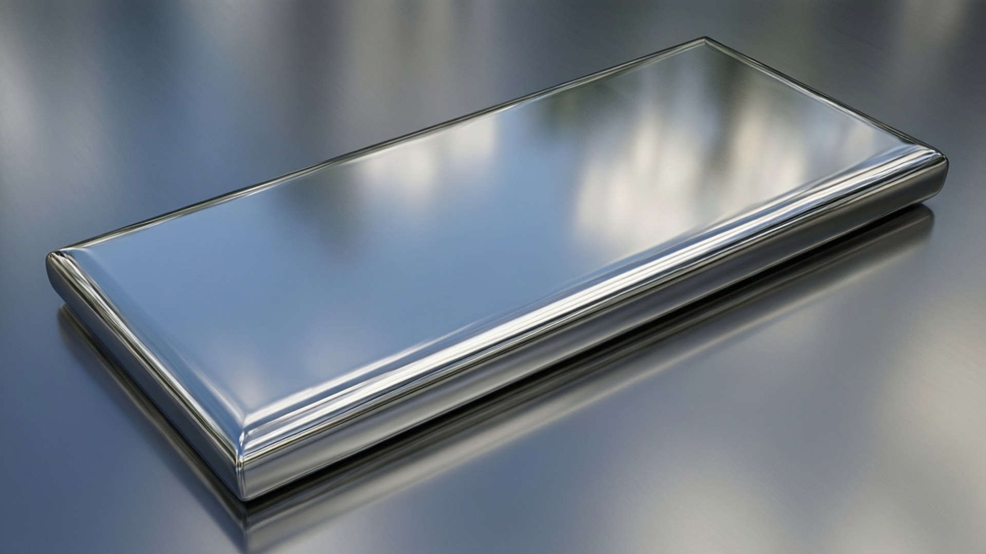 3D chroom metalen parallellogram met hoge glans en scherpe reflecties.
