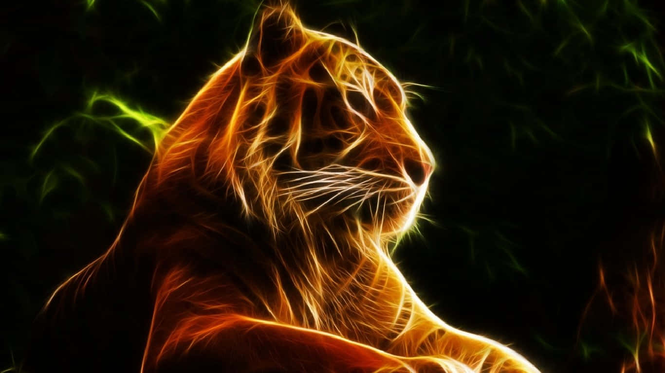 A Tiger Sitting In The Dark With Flames