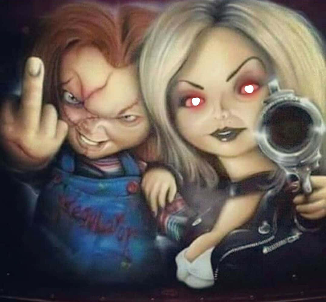 Chucky Finger And Tiffany Pointing Gun Background