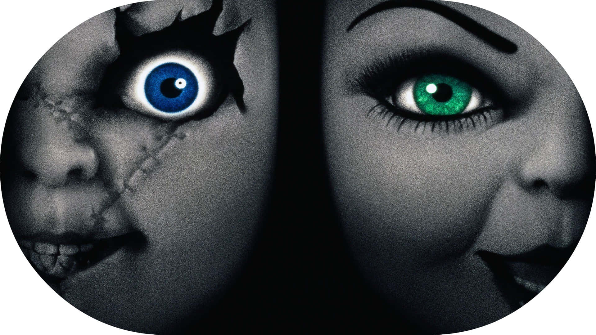 Skræmmende filmpar Chucky og Tiffany, der giver hinanden et fræk smil. Wallpaper