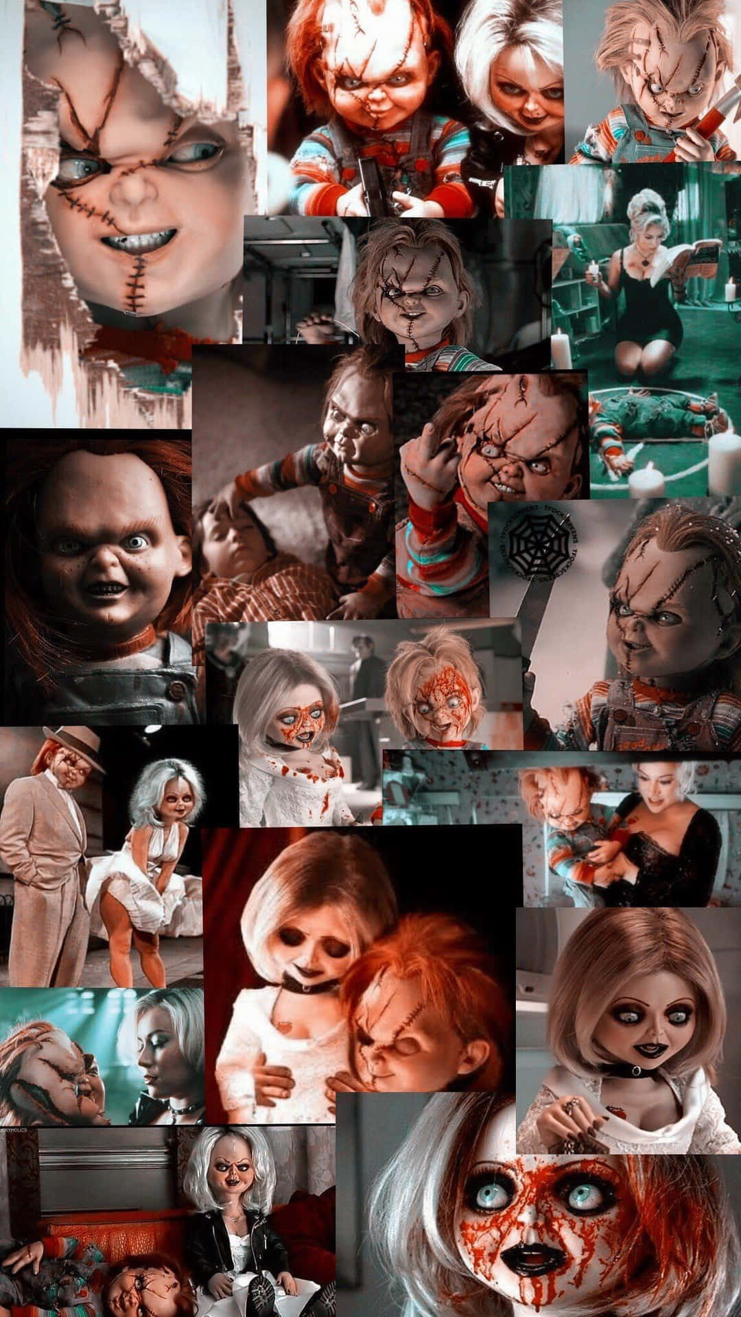 En collage af billeder af Chucky-dukker Wallpaper