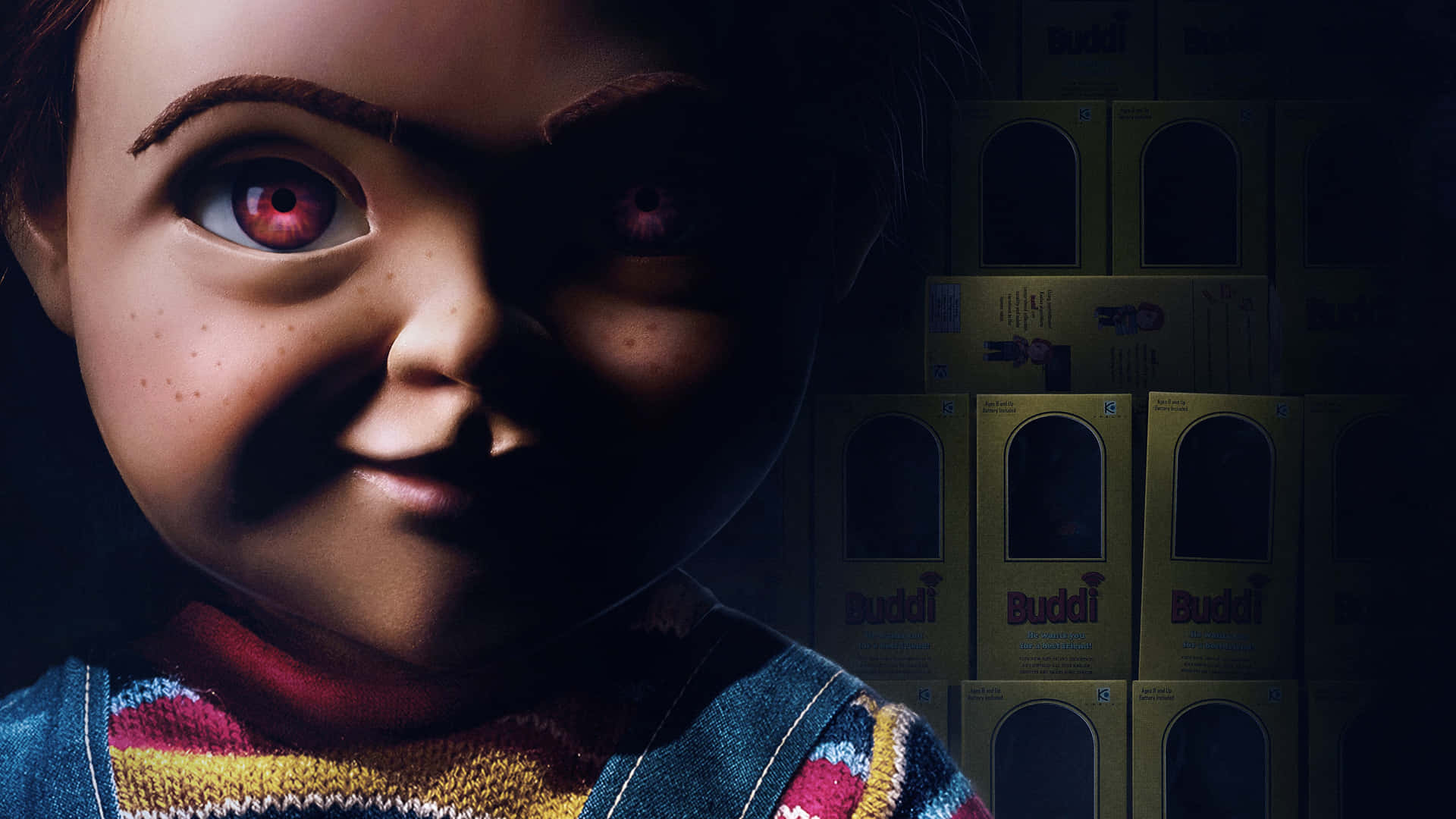 A Doll With Red Eyes Is Standing In Front Of A Box
