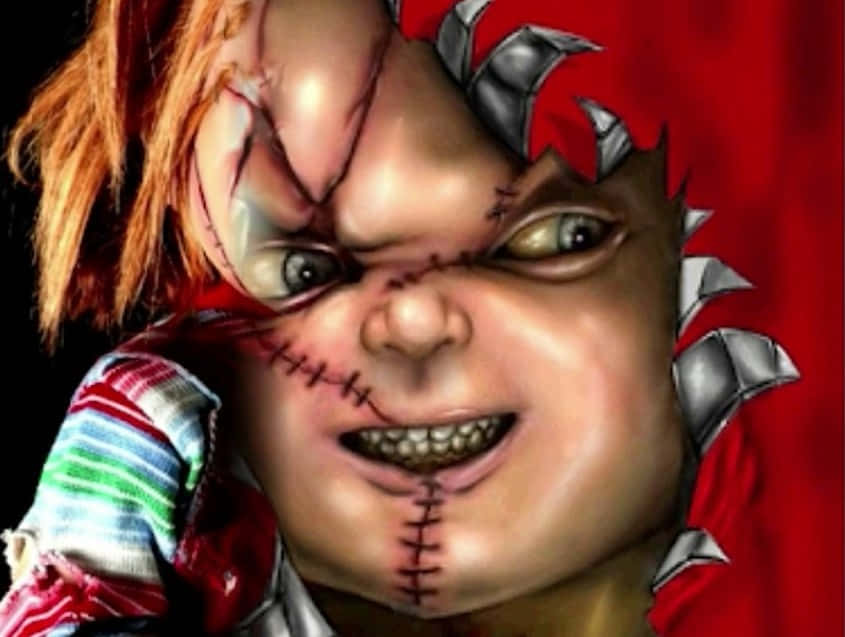 A Cartoon Of A Chucky Doll With A Red Scarf Wallpaper