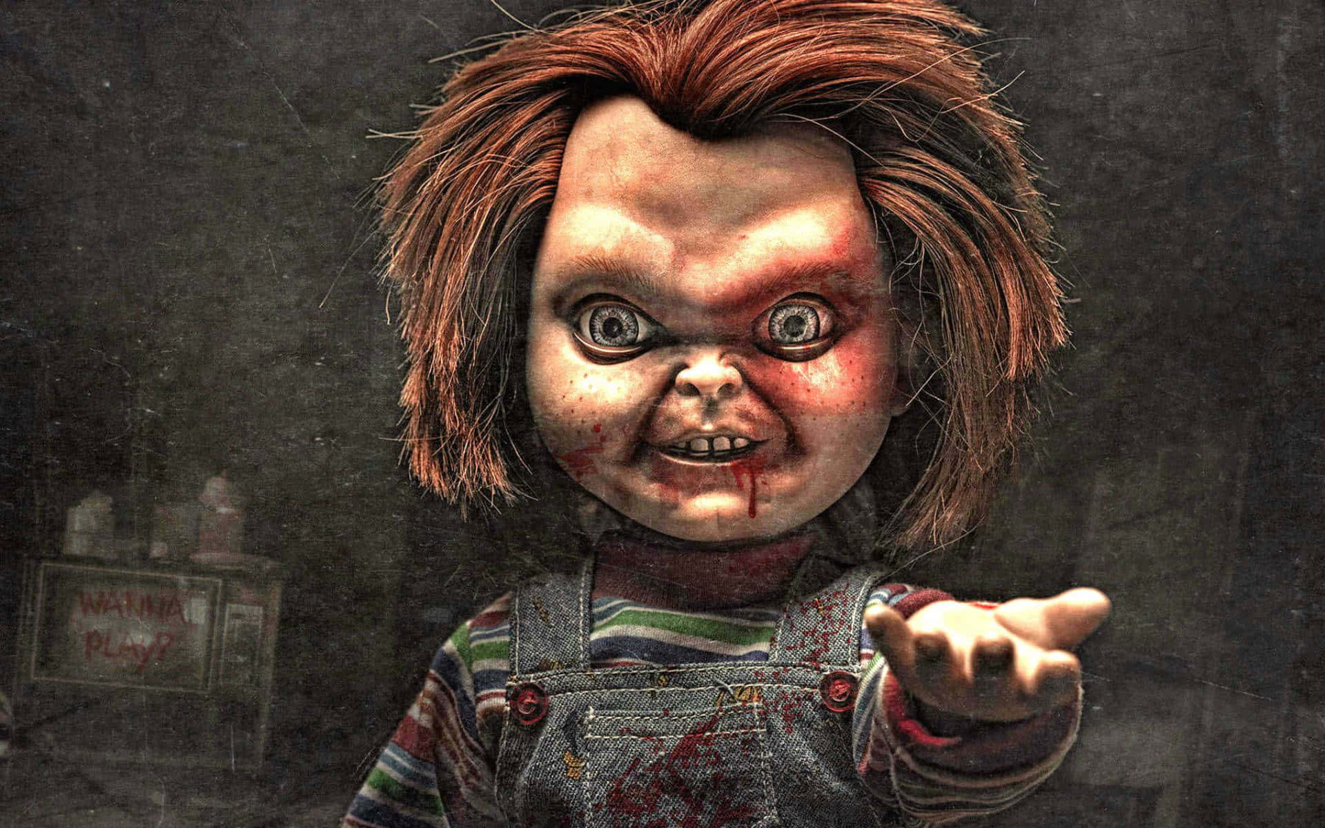 Enläskig Chucky-docka Med Rött Hår Och Pekande Finger. Wallpaper
