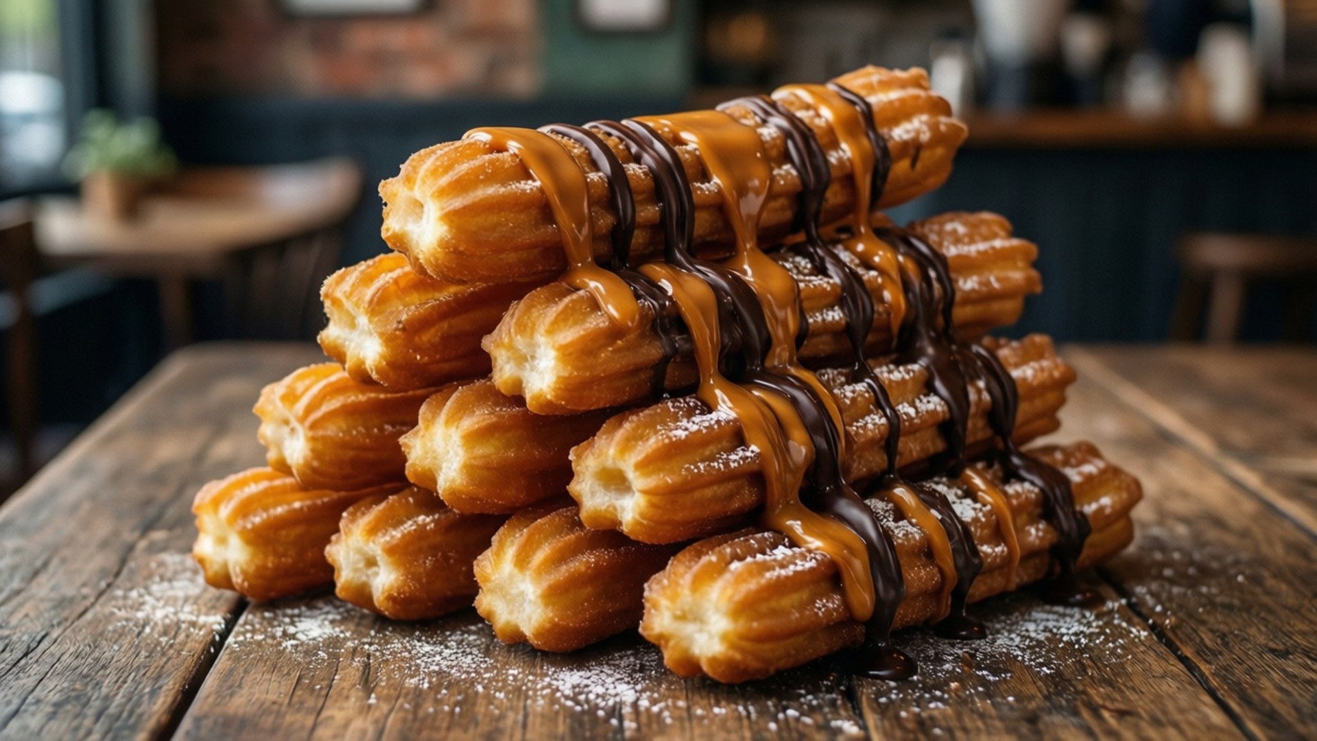 Churro Stack Delight Wallpaper — A tall pyramid of golden churros drizzled with caramel and chocolate sauce sits on a rustic wooden table dusted with powdered sugar.