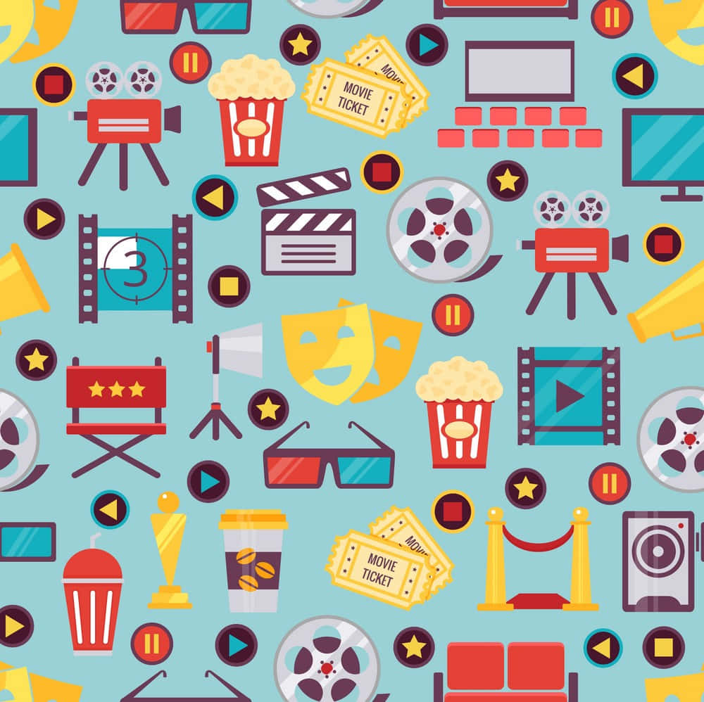 A Seamless Pattern With Movie Icons On A Blue Background