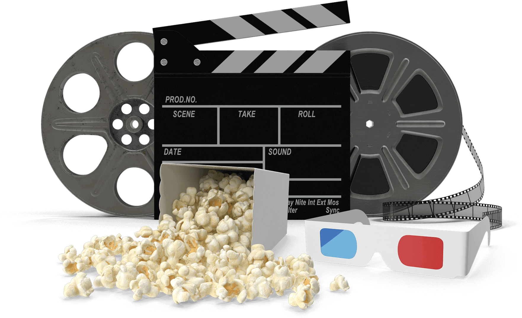 Cinema Elements Clapperboard Film Reel Popcorn3 D Glasses PNG