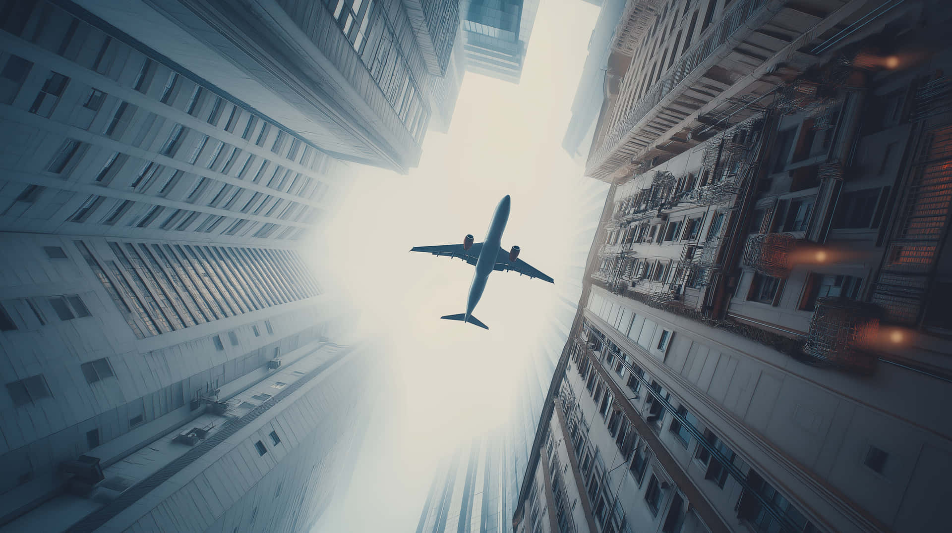 Cinematic View Of A Plane Soaring Between Towering City Skyscrapers Wallpaper