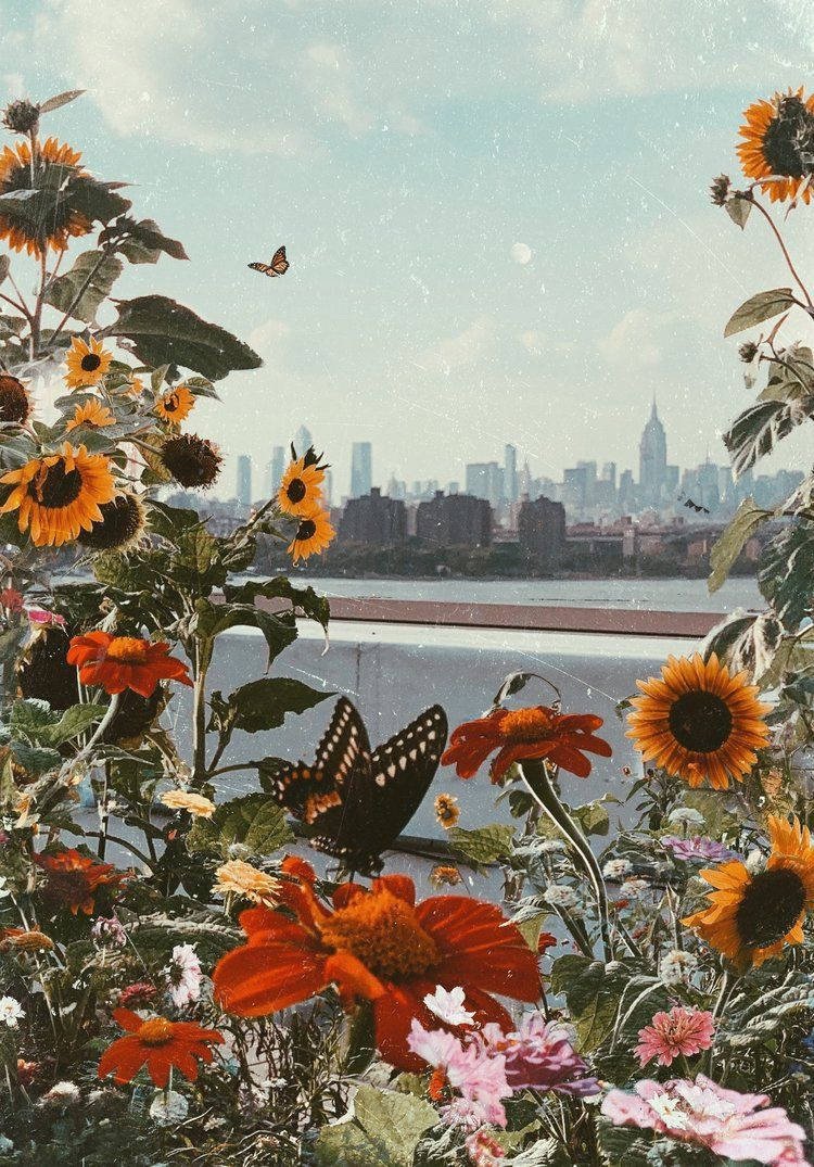Cinematisk Vintage Blomsterestetisk Skyline Wallpaper
