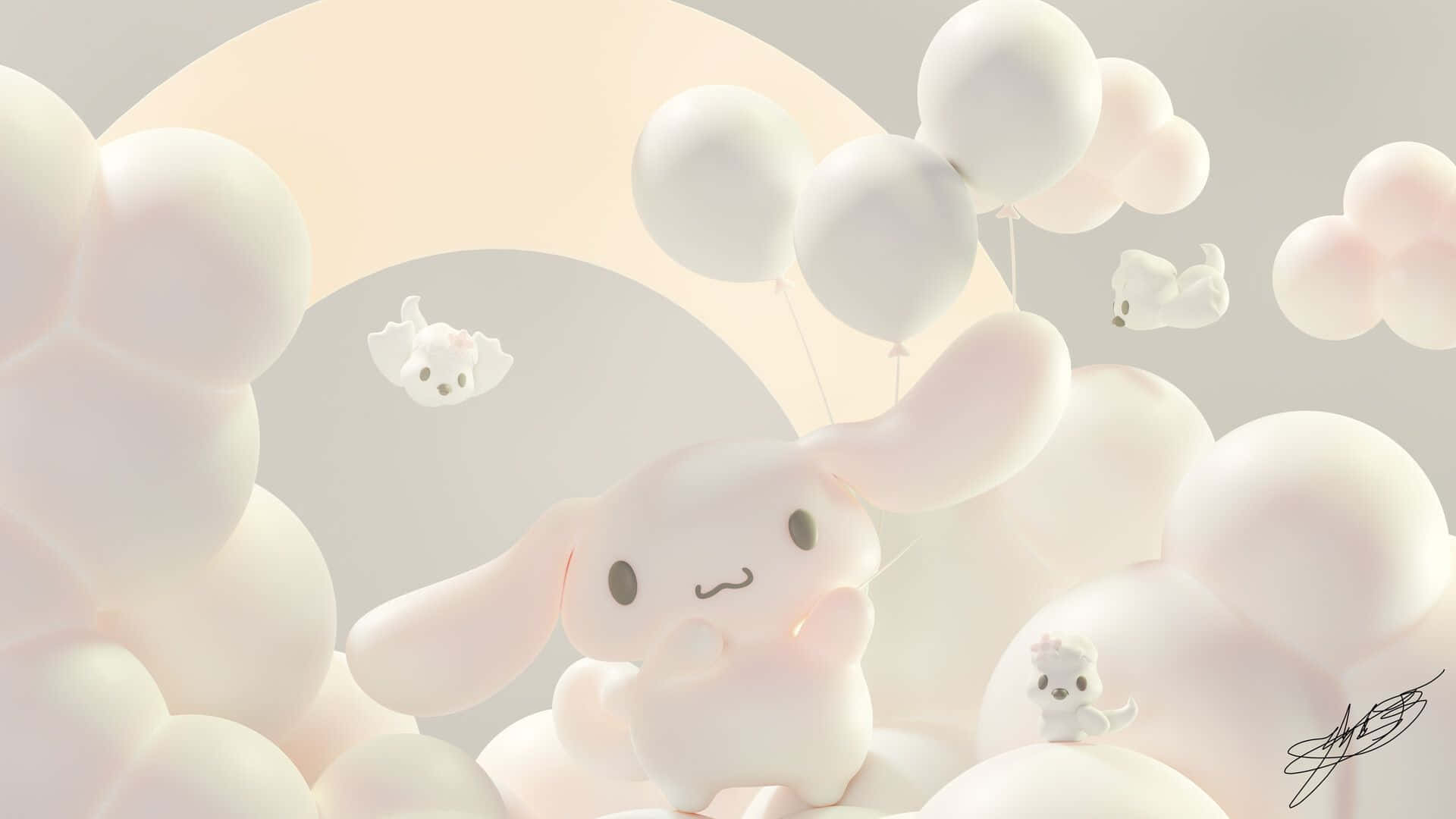 A White Bunny With Balloons Flying In The Sky Wallpaper