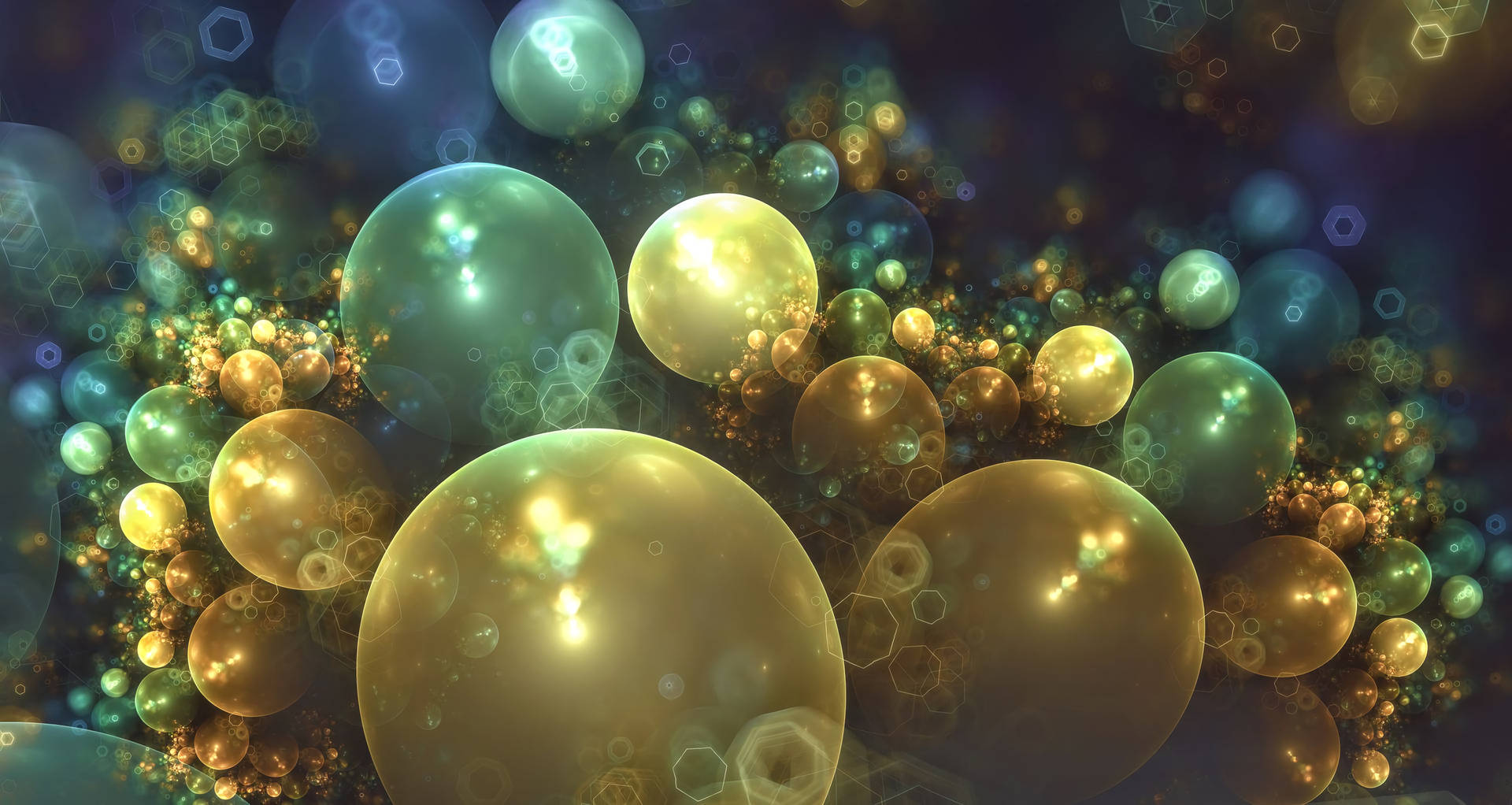 Circle Pearls With Random Hexagon Pattern Wallpaper — Glowing translucent spheres in gold and teal float amidst hexagonal bokeh against a dark cosmic backdrop.